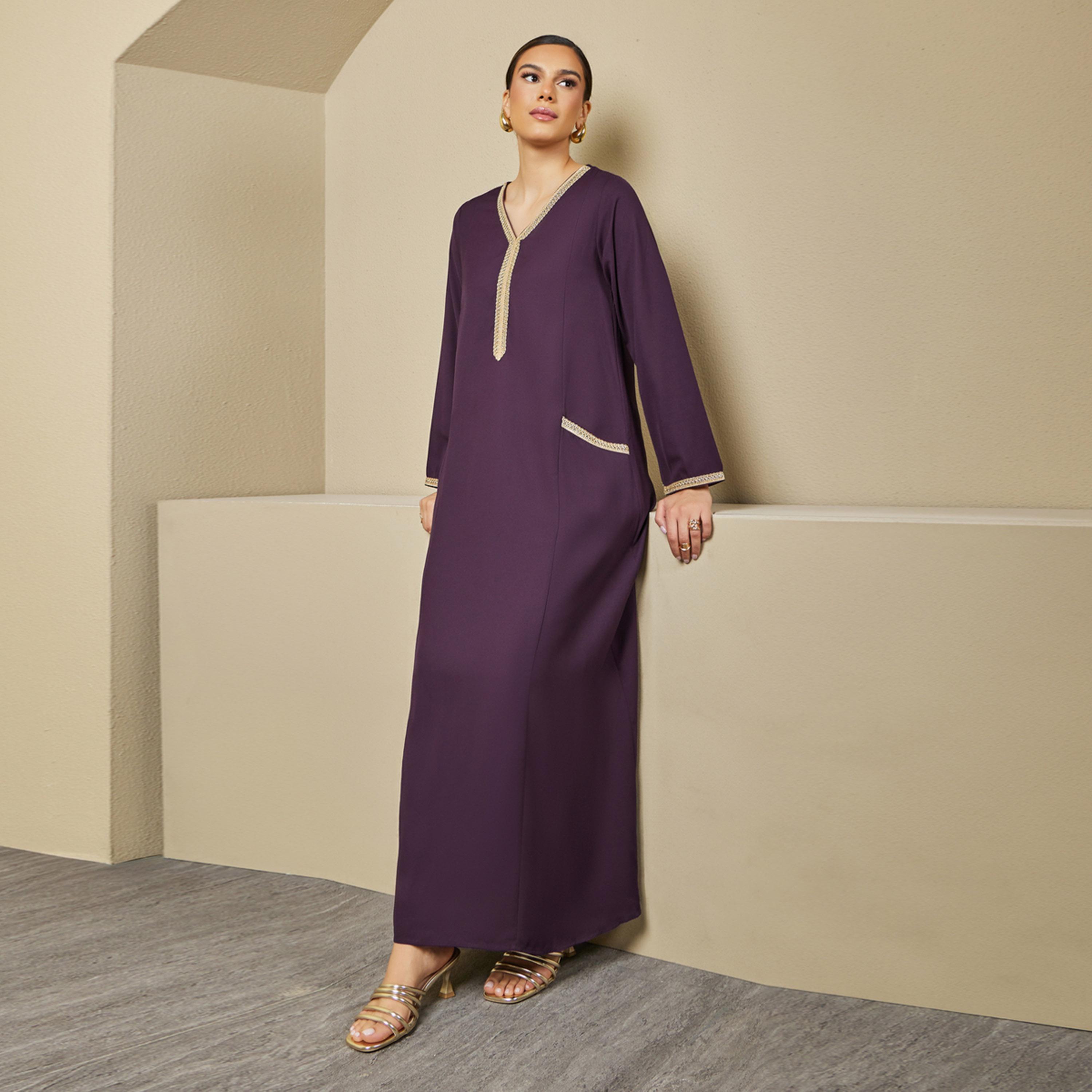 Styli Lace Insert Detail A-Line Jalabiya-women-arabicclothing-jalabiyas-image-1