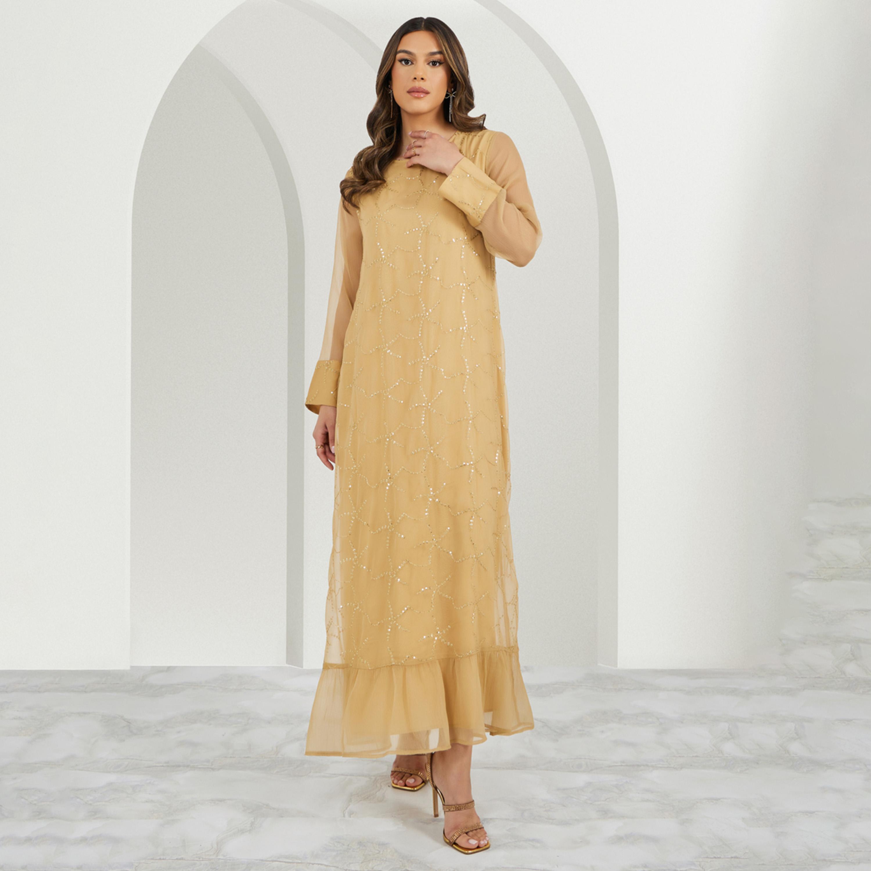 ستايلي - جلابية برقبة دائرية مطرزة ومزينة بالترتر-women-arabicclothing-jalabiyas-image-1