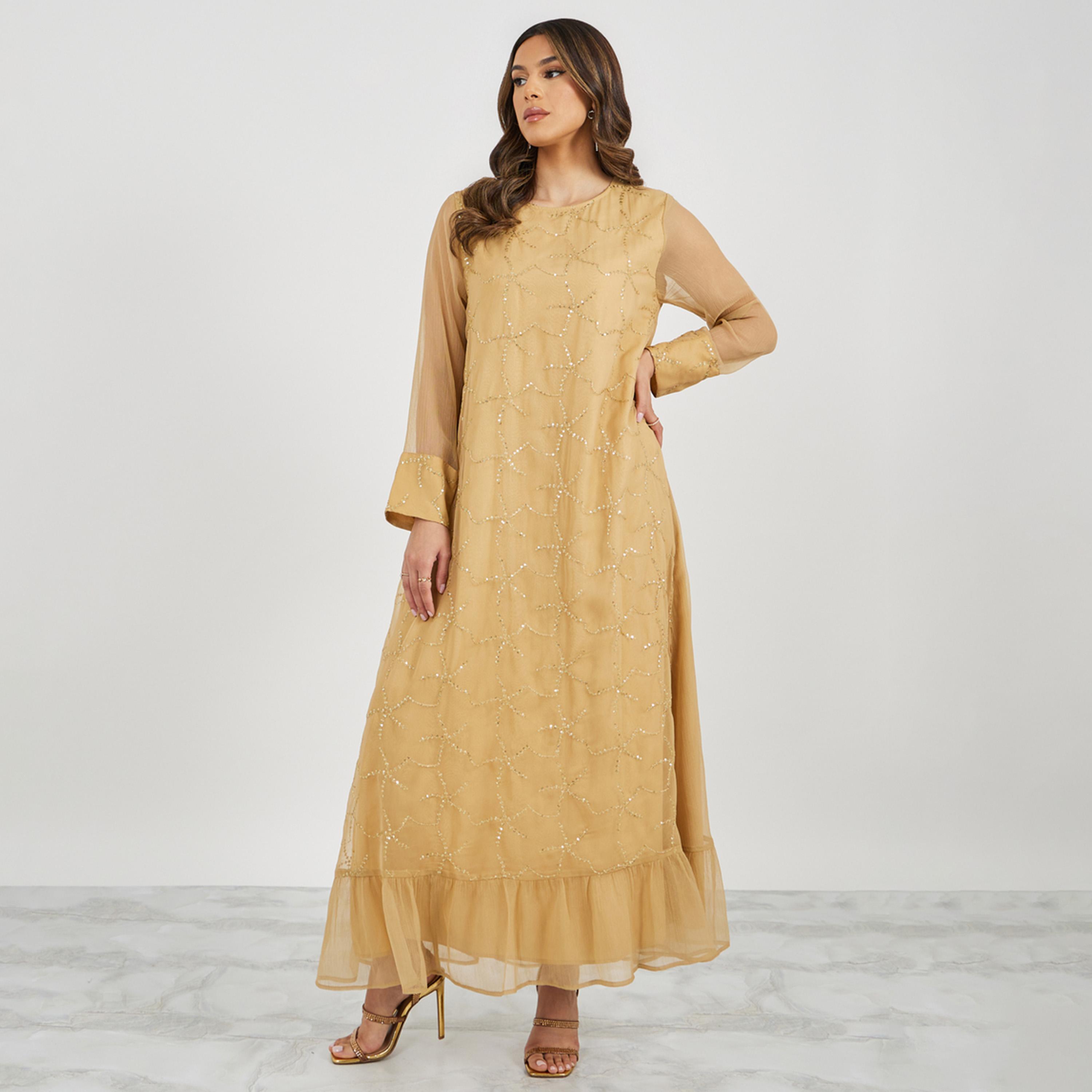 Styli Embroidered Sequined Round Neck Jalabiya-women-arabicclothing-jalabiyas-image-2