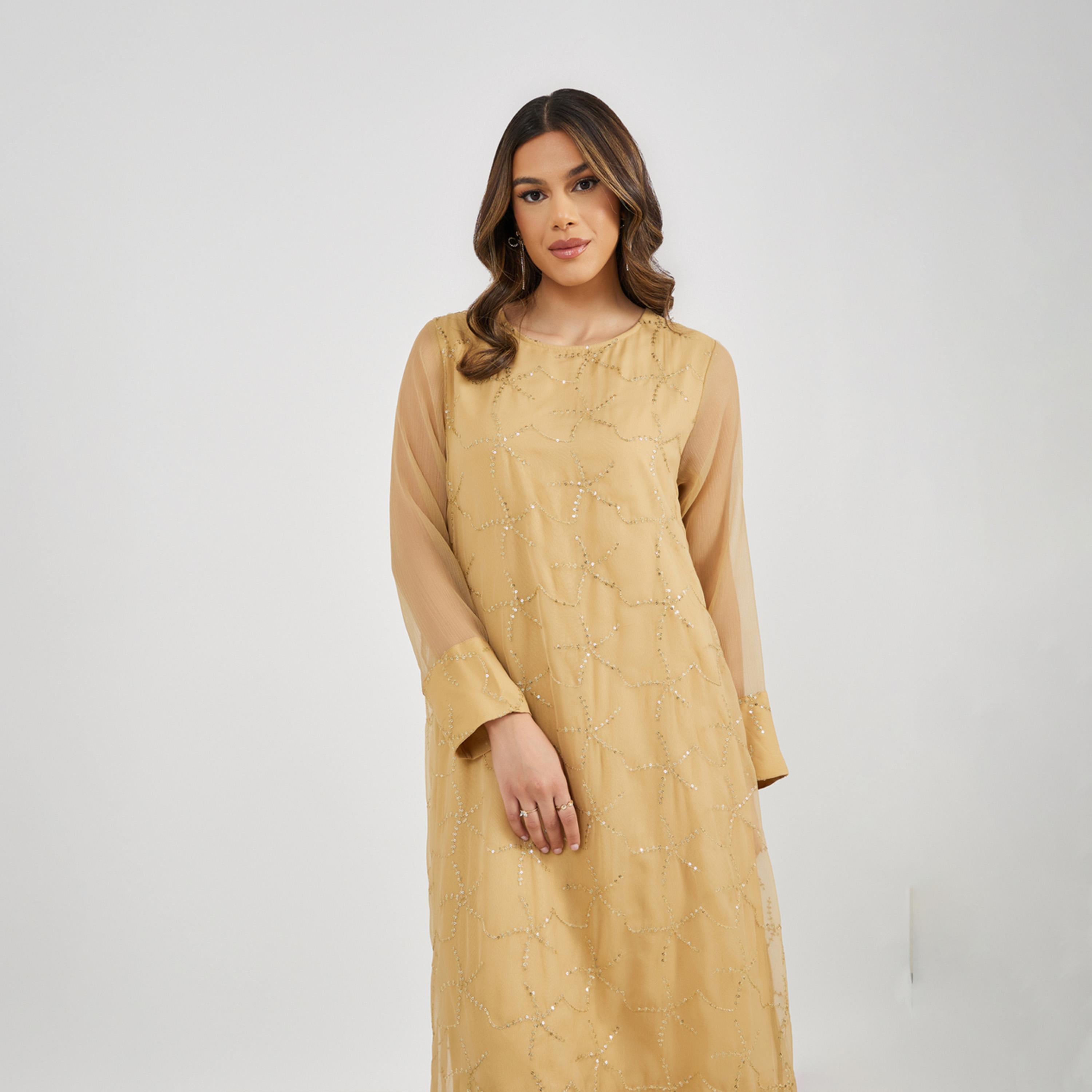 Styli Embroidered Sequined Round Neck Jalabiya-women-arabicclothing-jalabiyas-image-3