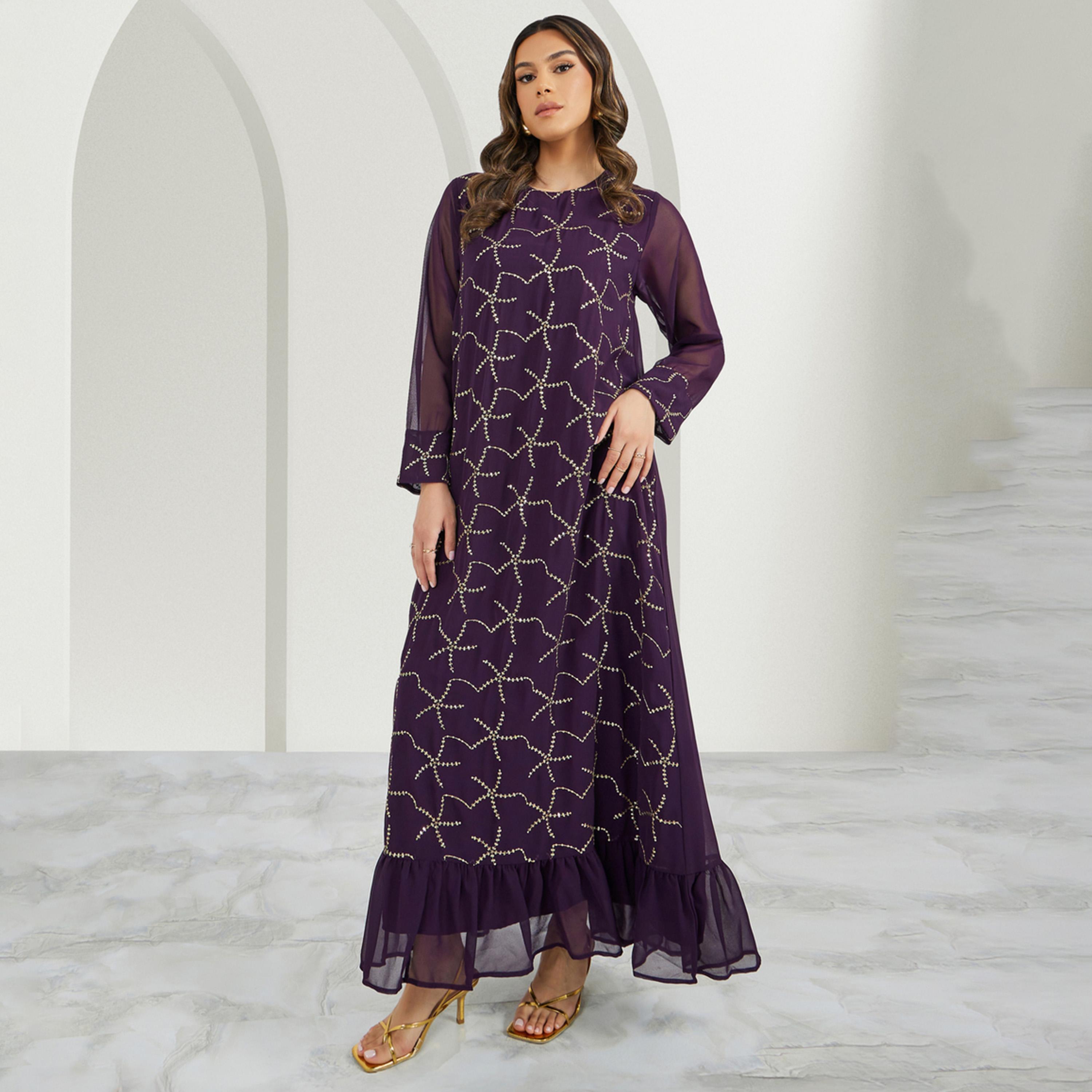 Styli Embroidered Sequined Round Neck Jalabiya-women-arabicclothing-jalabiyas-image-1