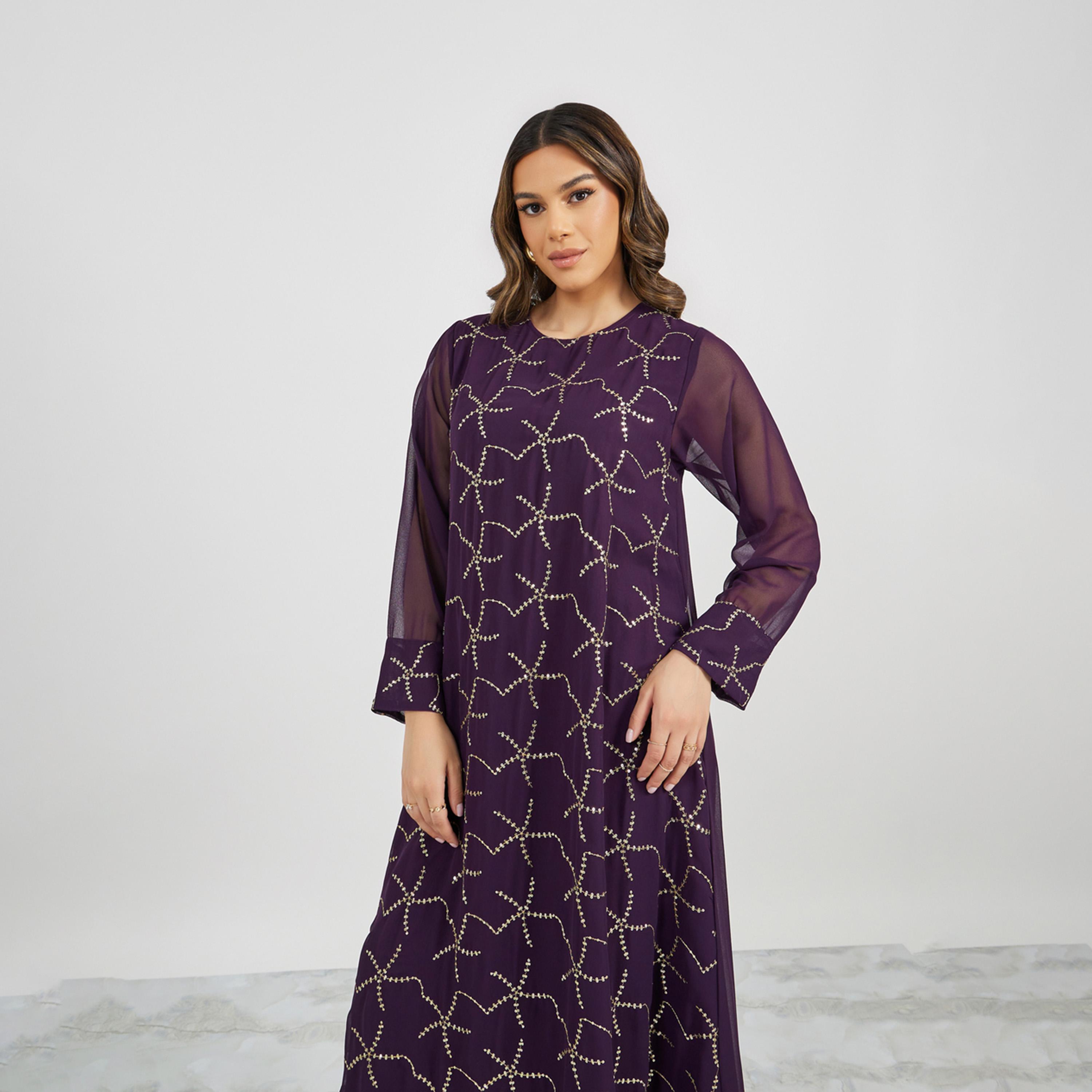 Styli Embroidered Sequined Round Neck Jalabiya-women-arabicclothing-jalabiyas-image-3