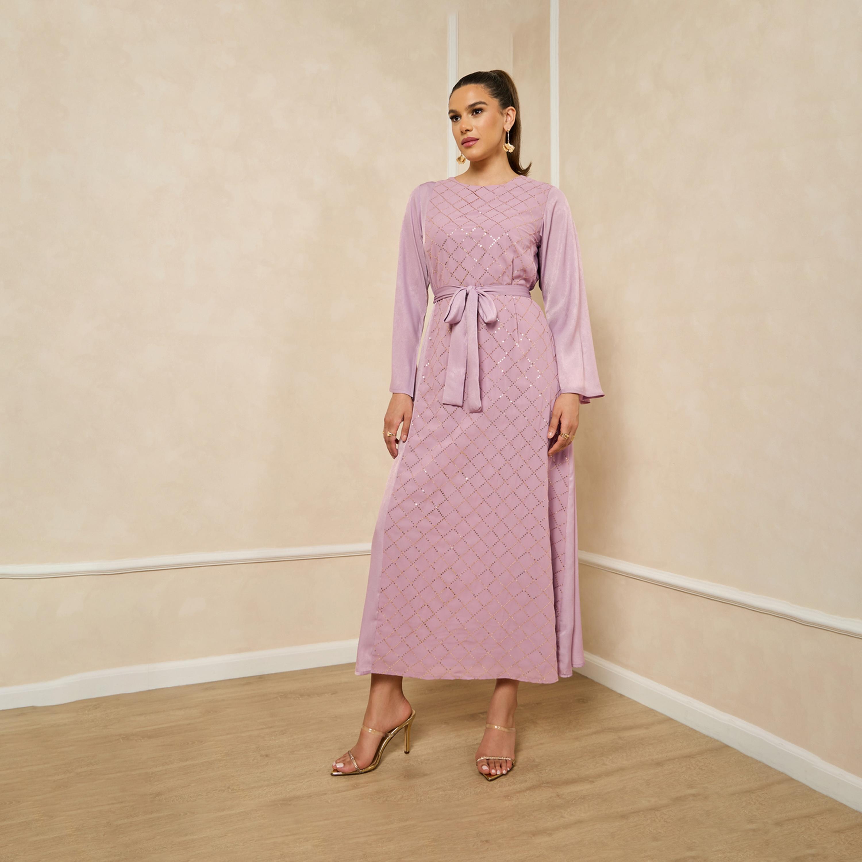 Styli Sequins Embellished Round Neck A-Line Jalabiya With Belt-women-arabicclothing-jalabiyas-image-1