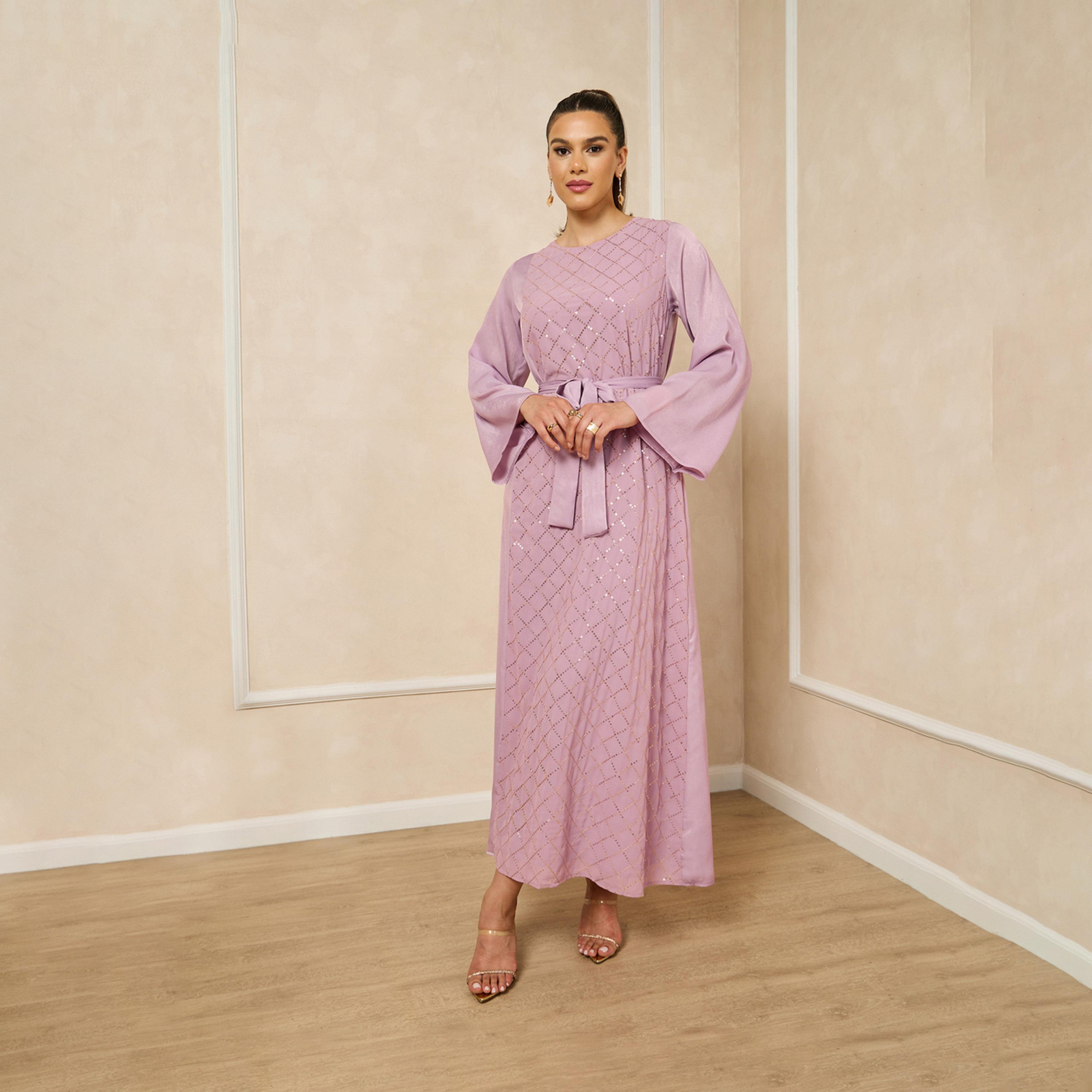 Styli Sequins Embellished Round Neck A-Line Jalabiya With Belt-women-arabicclothing-jalabiyas-image-2