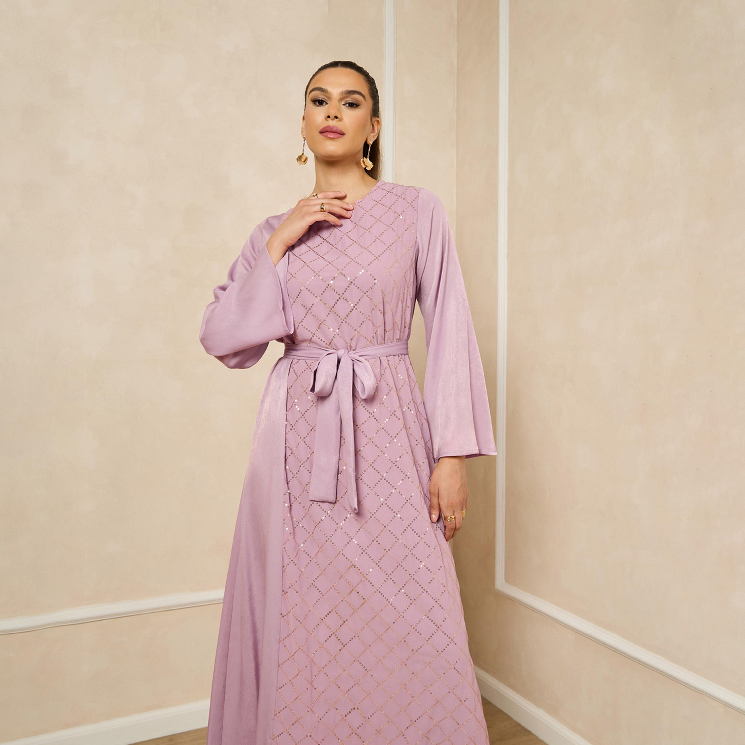 Styli Sequins Embellished Round Neck A-Line Jalabiya With Belt-women-arabicclothing-jalabiyas-image-3