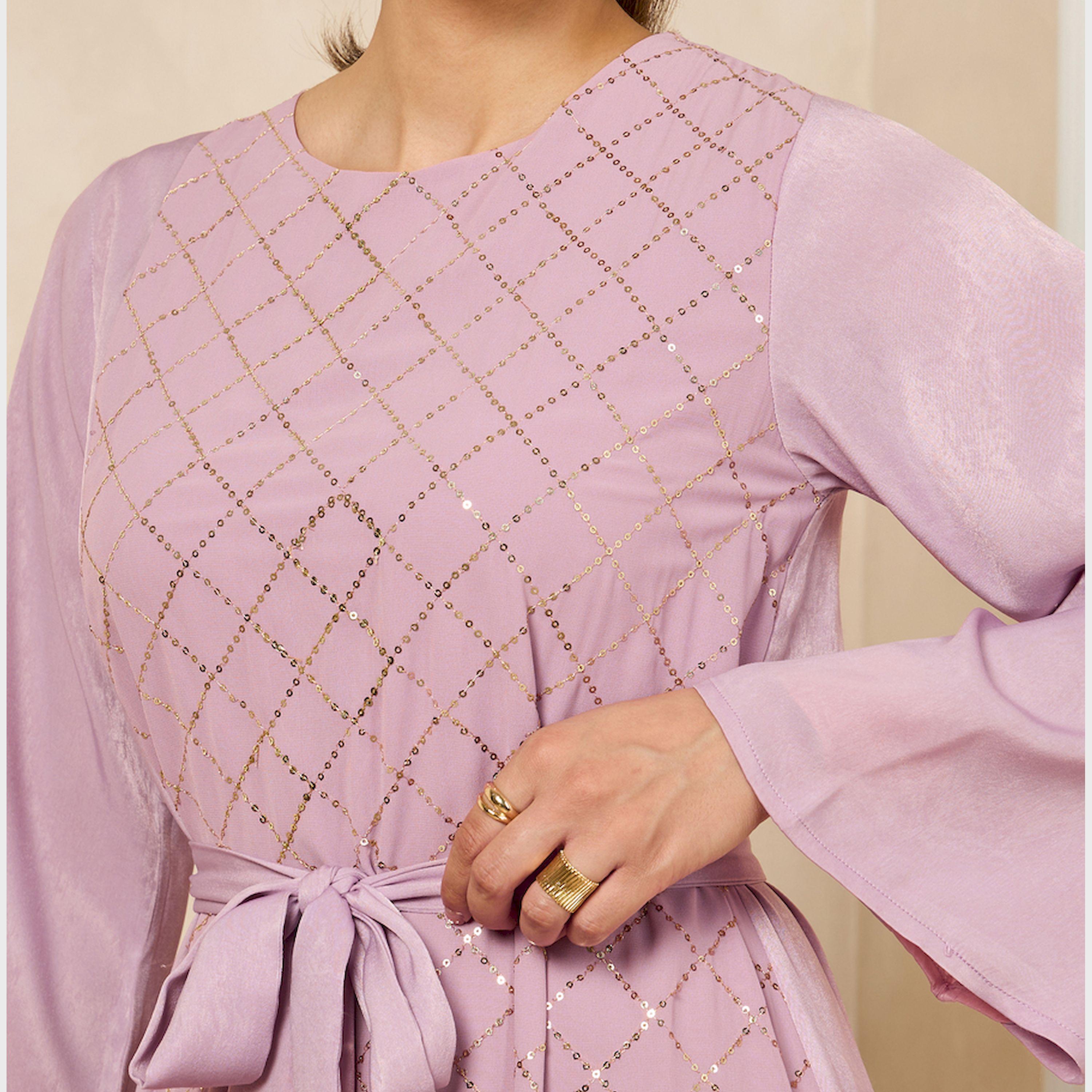 Styli Sequins Embellished Round Neck A-Line Jalabiya With Belt-women-arabicclothing-jalabiyas-image-4