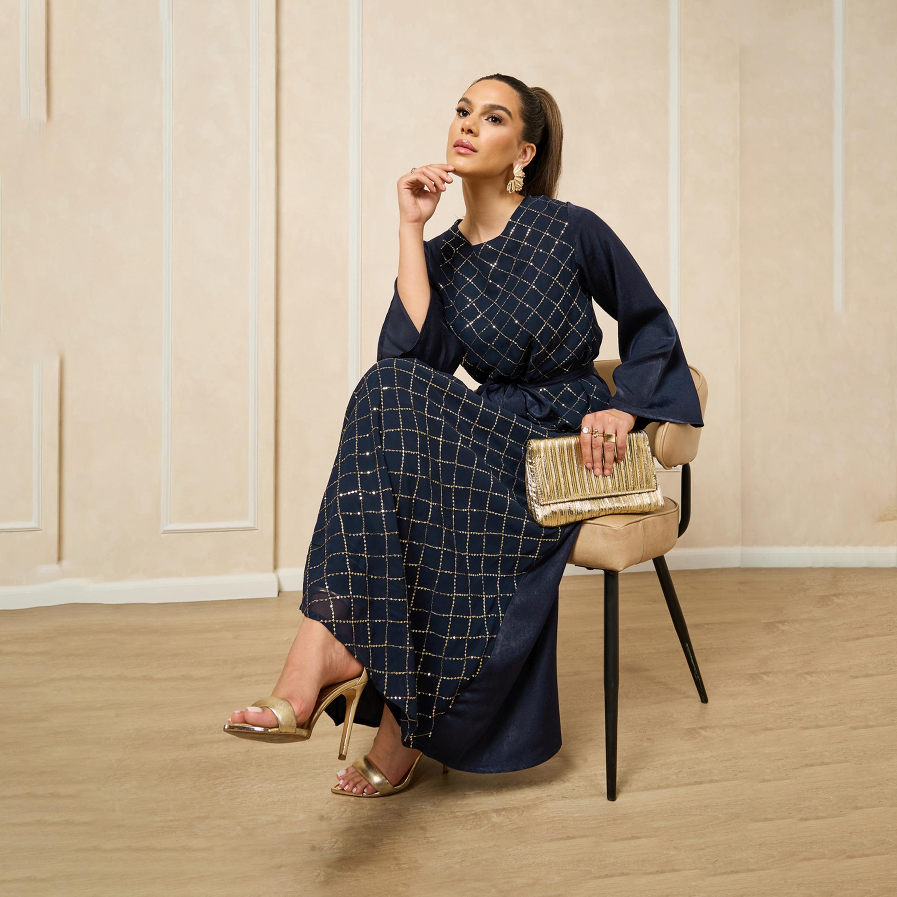 Amirah X Styli Embroidered Round Neck Waist Tie-Up A-Line Jalabiya-women-arabicclothing-jalabiyas-image-1