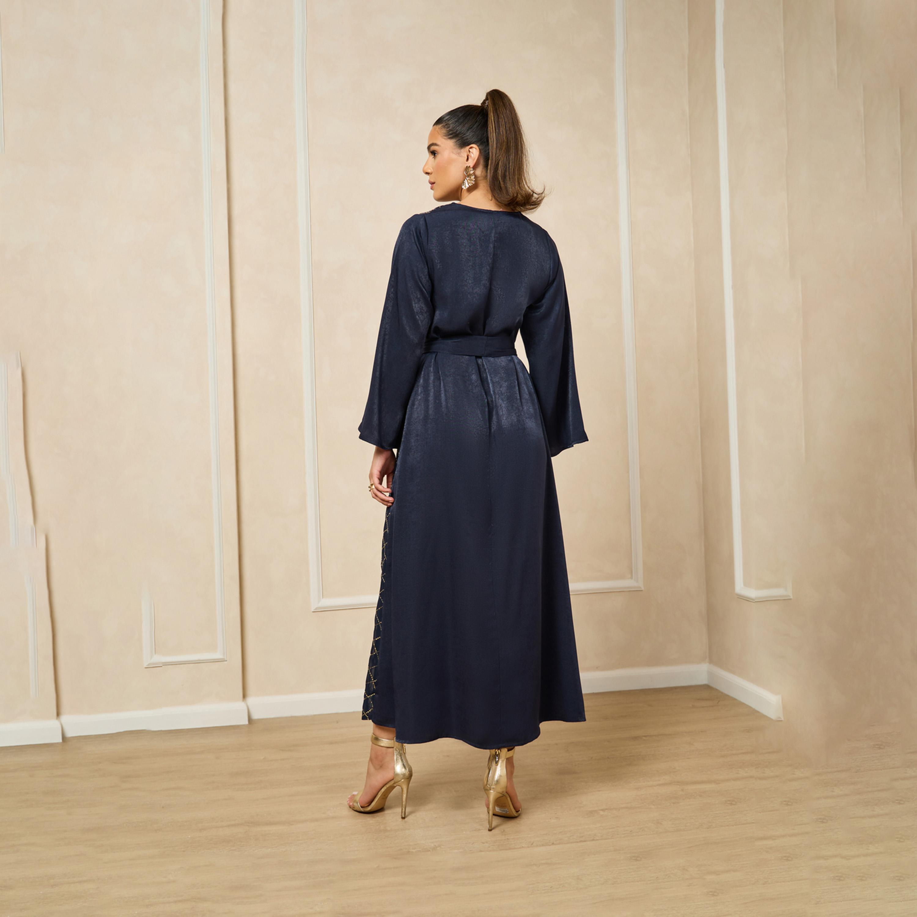 Amirah X Styli Embroidered Round Neck Waist Tie-Up A-Line Jalabiya-women-arabicclothing-jalabiyas-image-6