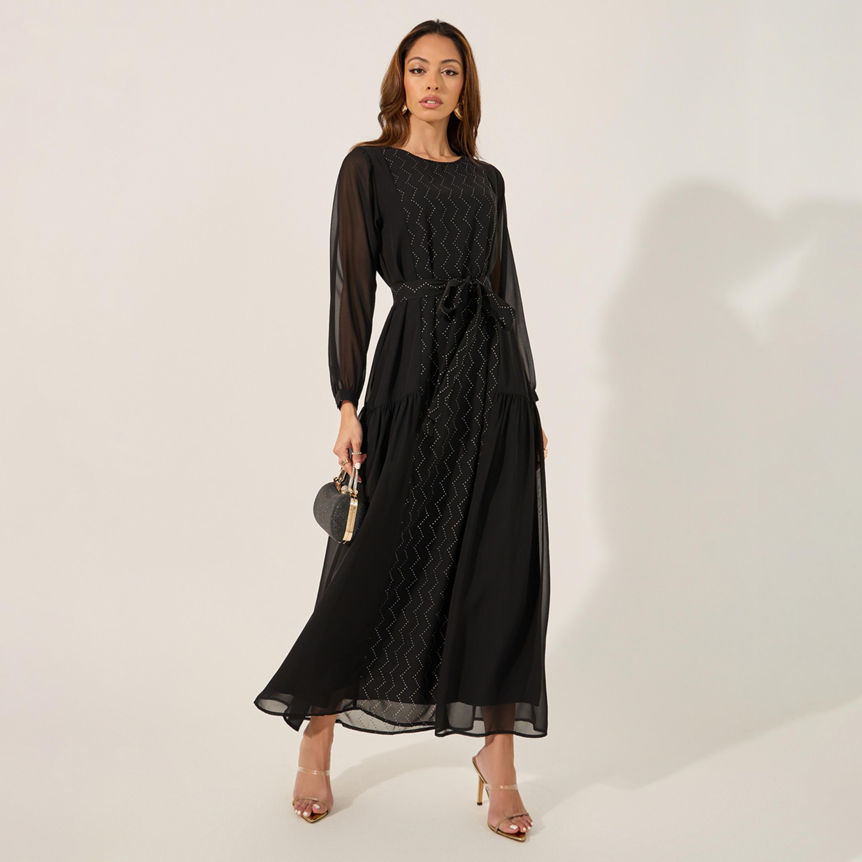 Amirah X Styli Embellished Round Neck Tie Up Waist Jalabiya-women-arabicclothing-jalabiyas-image-1