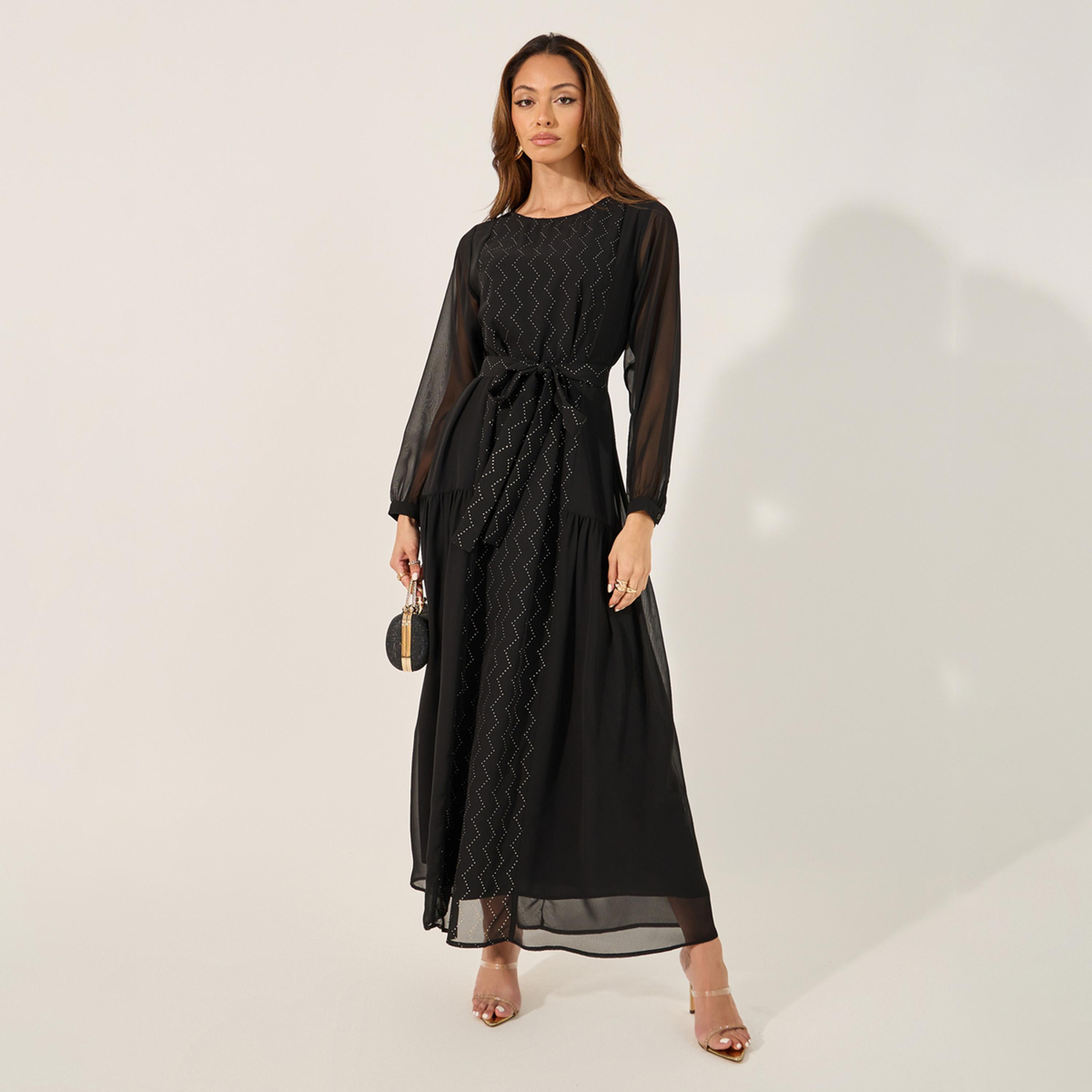 Amirah X Styli Embellished Round Neck Tie Up Waist Jalabiya-women-arabicclothing-jalabiyas-image-2