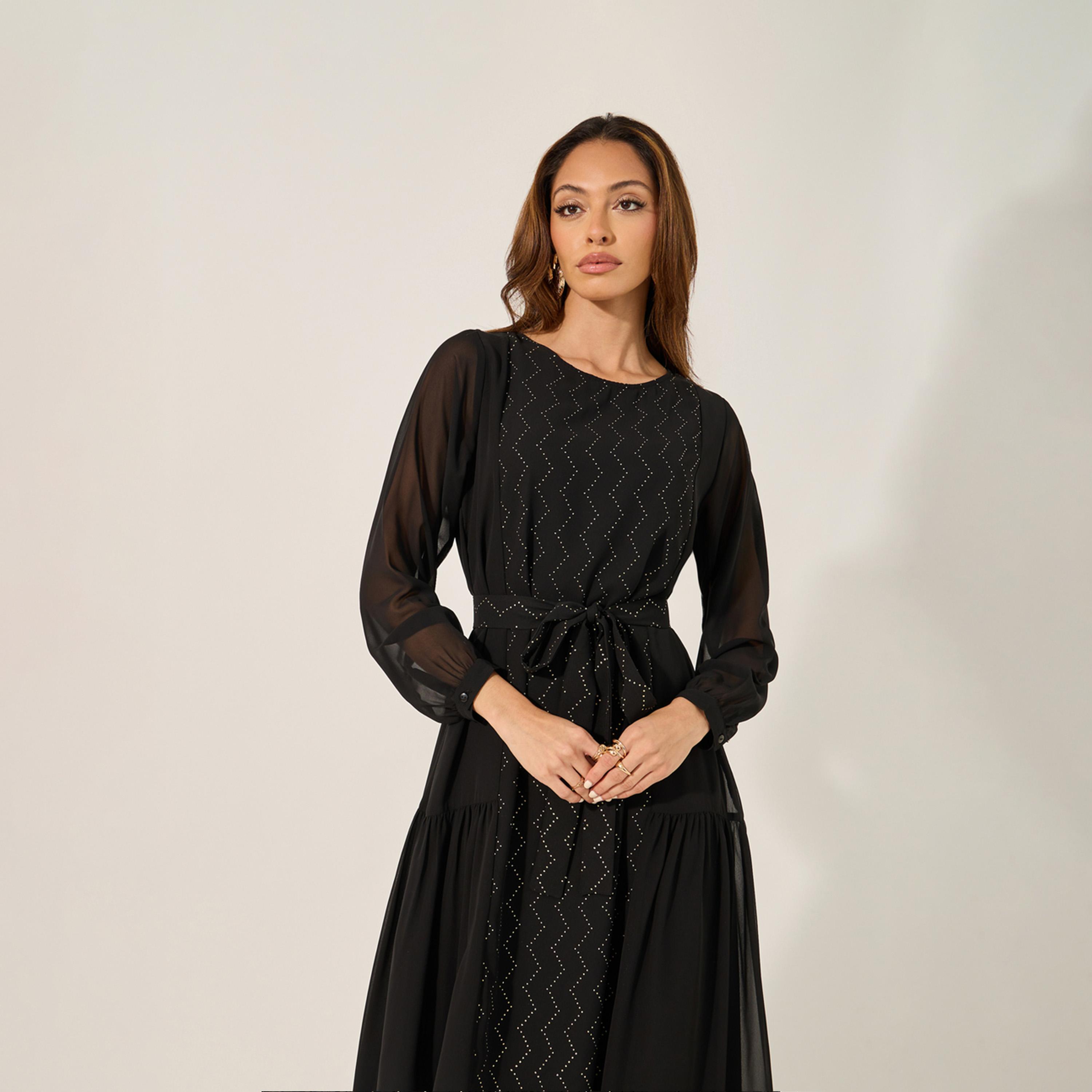 Amirah X Styli Embellished Round Neck Tie Up Waist Jalabiya-women-arabicclothing-jalabiyas-image-3