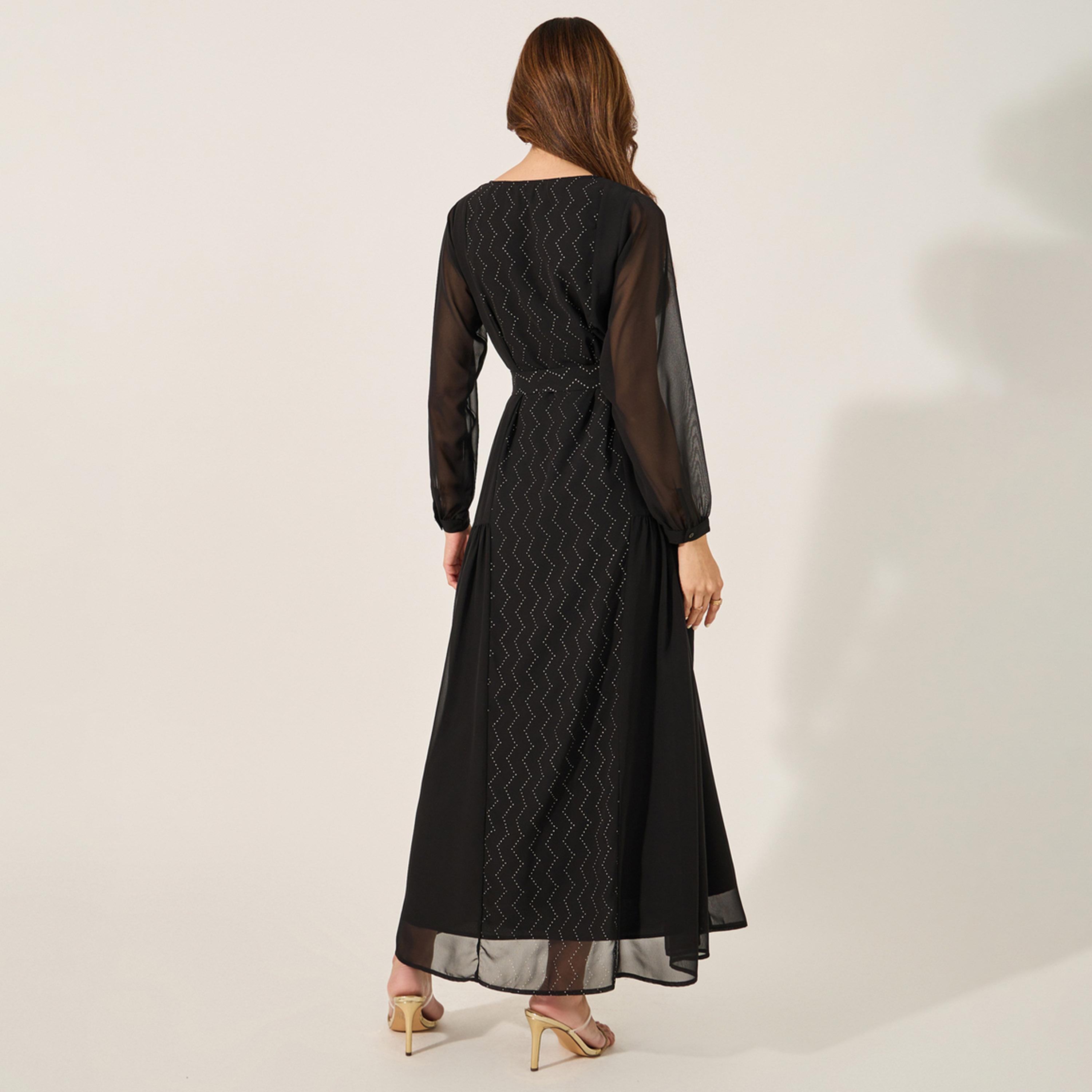 Amirah X Styli Embellished Round Neck Tie Up Waist Jalabiya-women-arabicclothing-jalabiyas-image-5