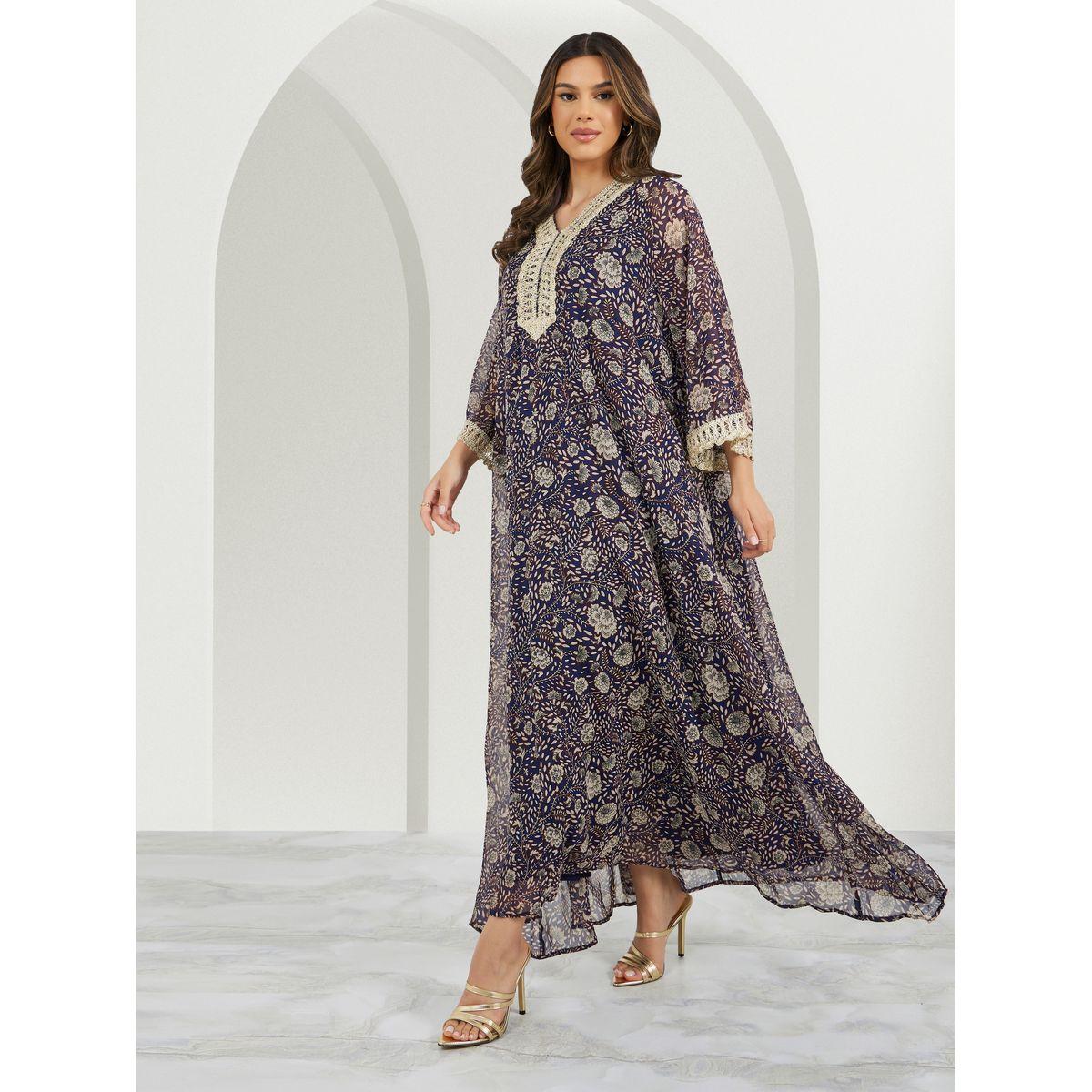 All-Over Print V-Neck Jalabiya with Lace Detail-women-arabicclothing-jalabiyas-image-1