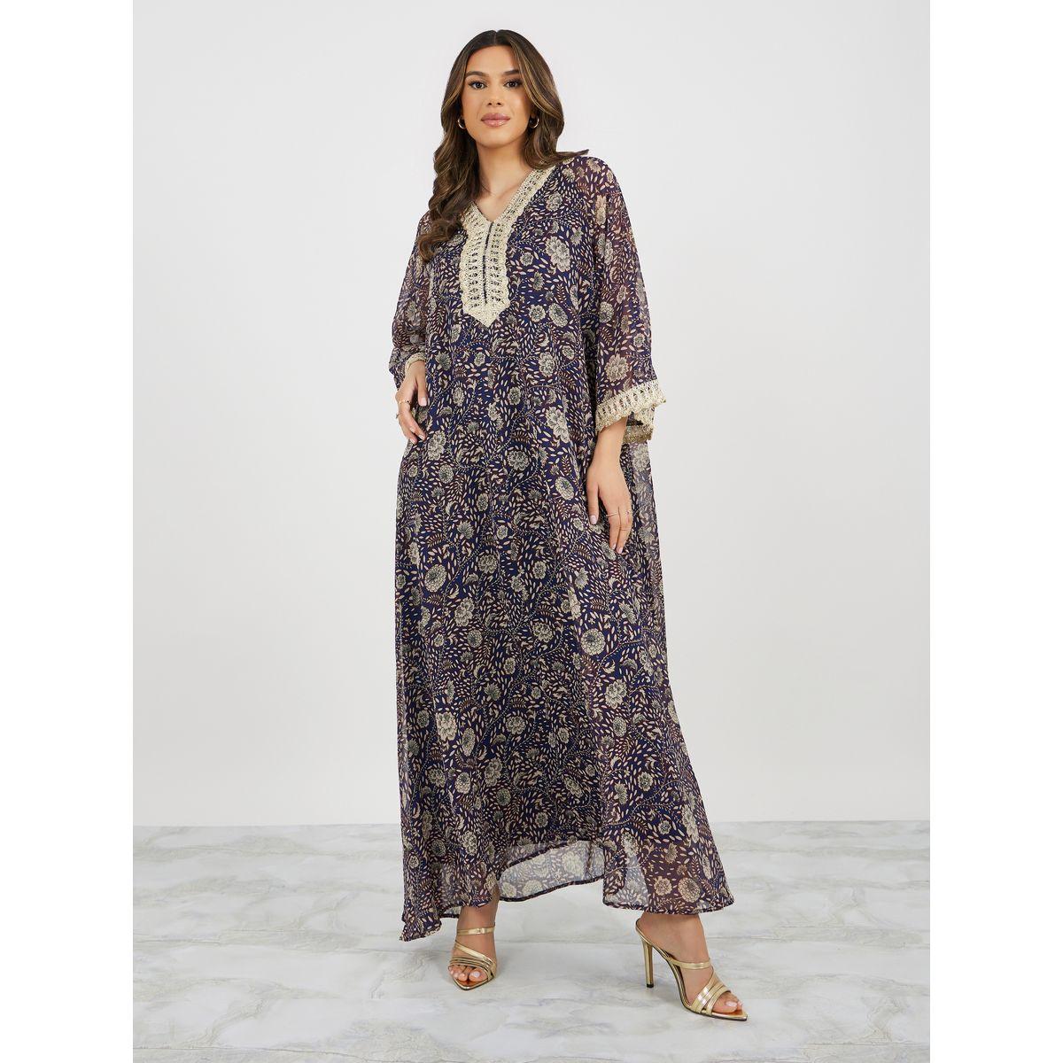 All-Over Print V-Neck Jalabiya with Lace Detail-women-arabicclothing-jalabiyas-image-2