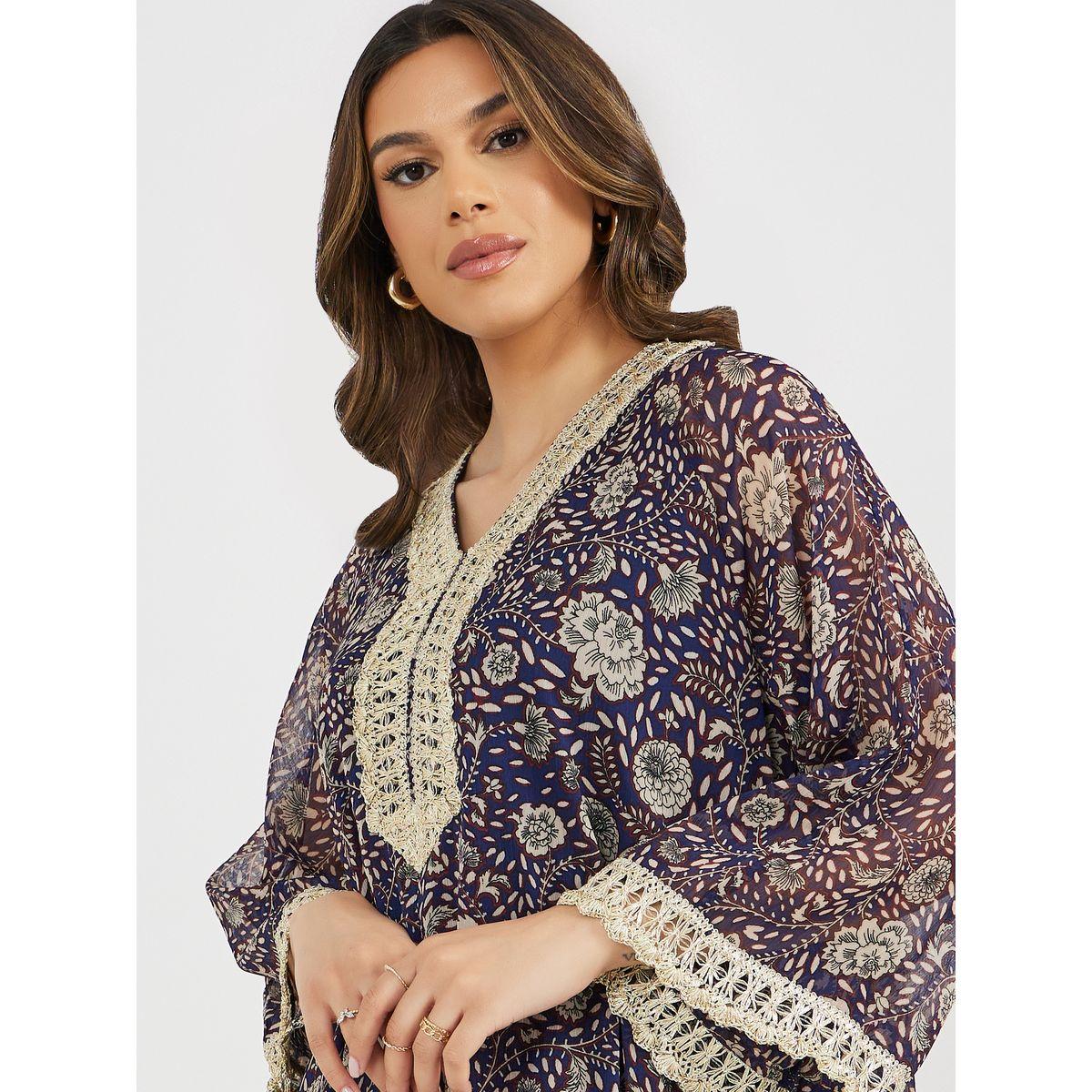 All-Over Print V-Neck Jalabiya with Lace Detail-women-arabicclothing-jalabiyas-image-3