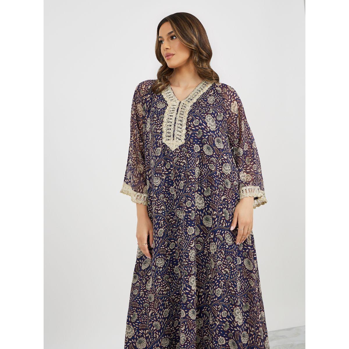 All-Over Print V-Neck Jalabiya with Lace Detail-women-arabicclothing-jalabiyas-image-5