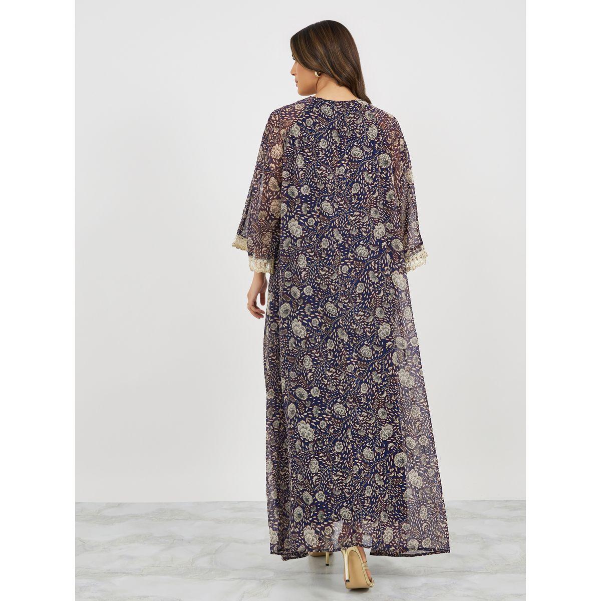 All-Over Print V-Neck Jalabiya with Lace Detail-women-arabicclothing-jalabiyas-image-6