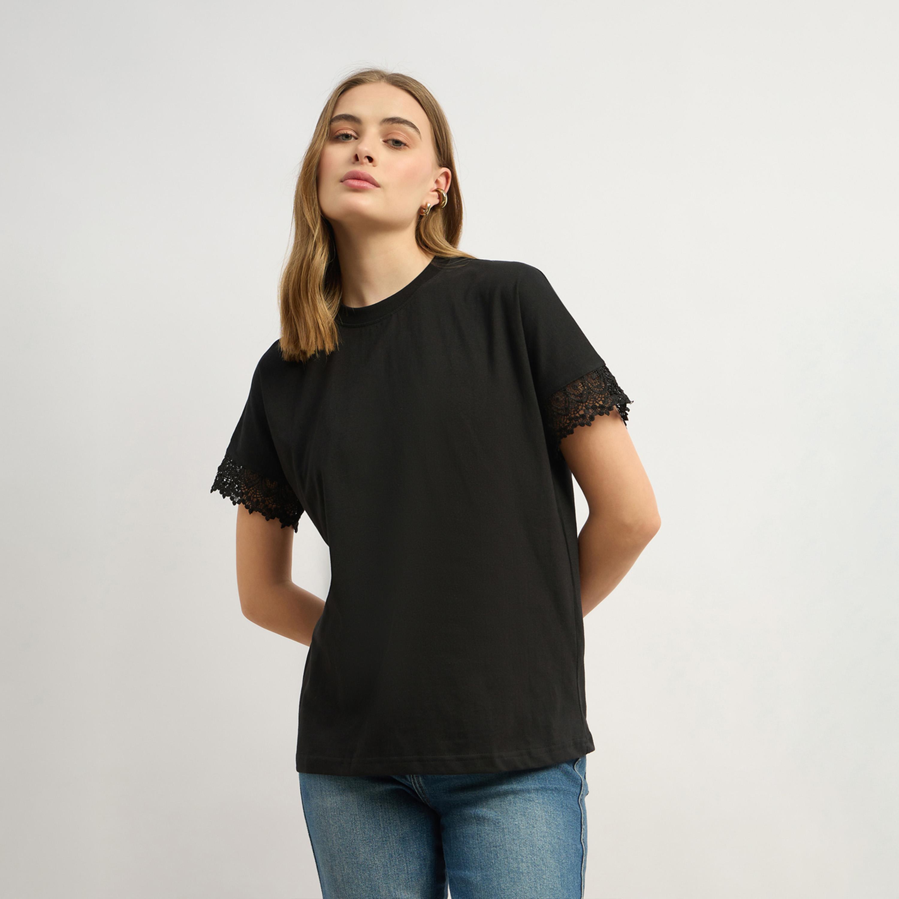 Styli Solid Round Neck Boxy Fit T-Shirt With Lace Trim Detail-women-clothing-tshirts-image-2