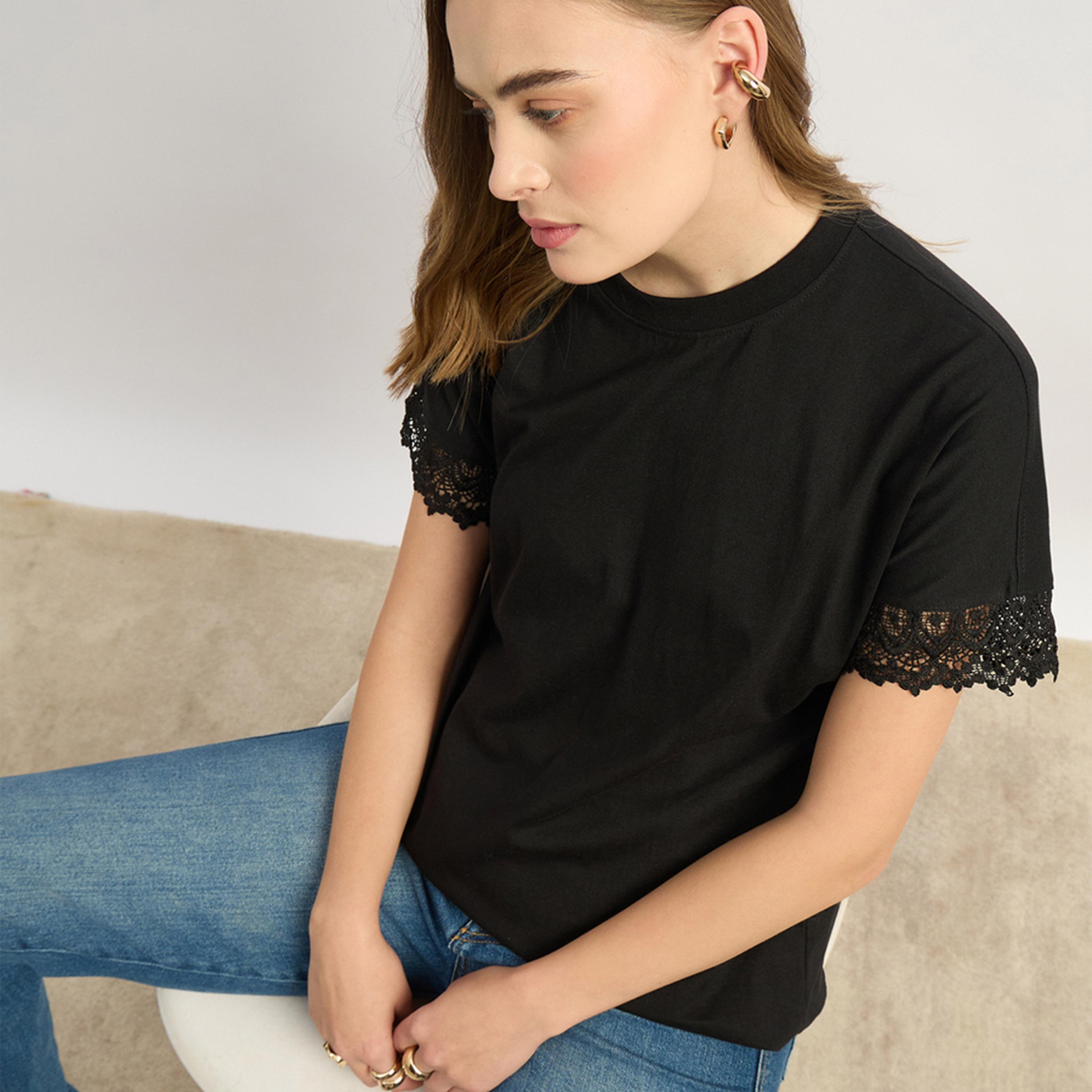 Styli Solid Round Neck Boxy Fit T-Shirt With Lace Trim Detail-women-clothing-tshirts-image-6
