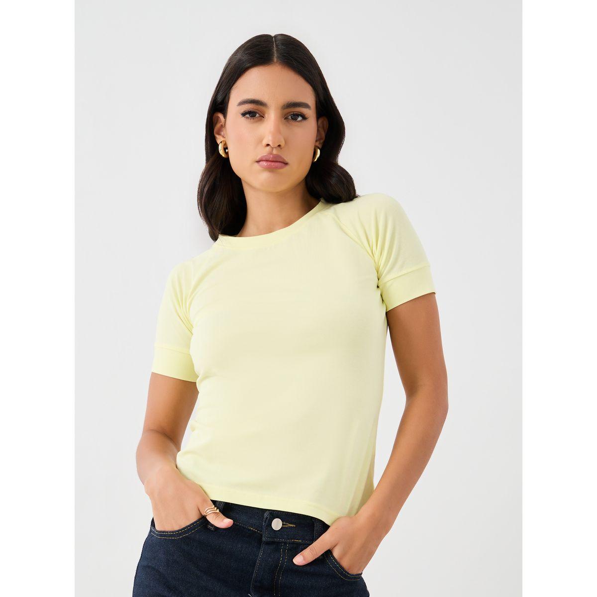 تيشيرت قصير سادة بياقة دائرية وأكمام ريجلان-women-clothing-tshirts-image-1