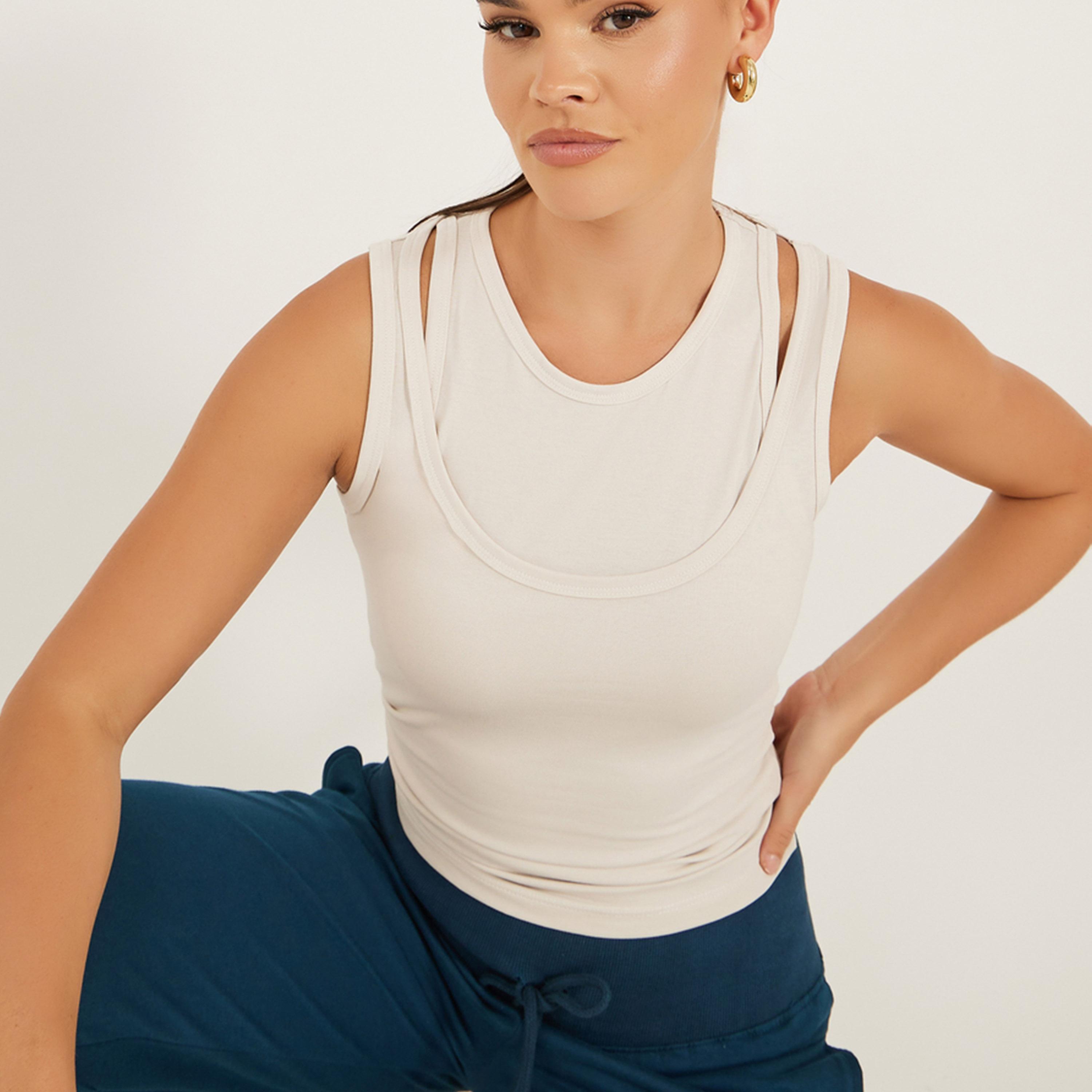 Styli Solid Layered Neck Fitted Tank T-Shirt-women-clothing-tshirts-image-3