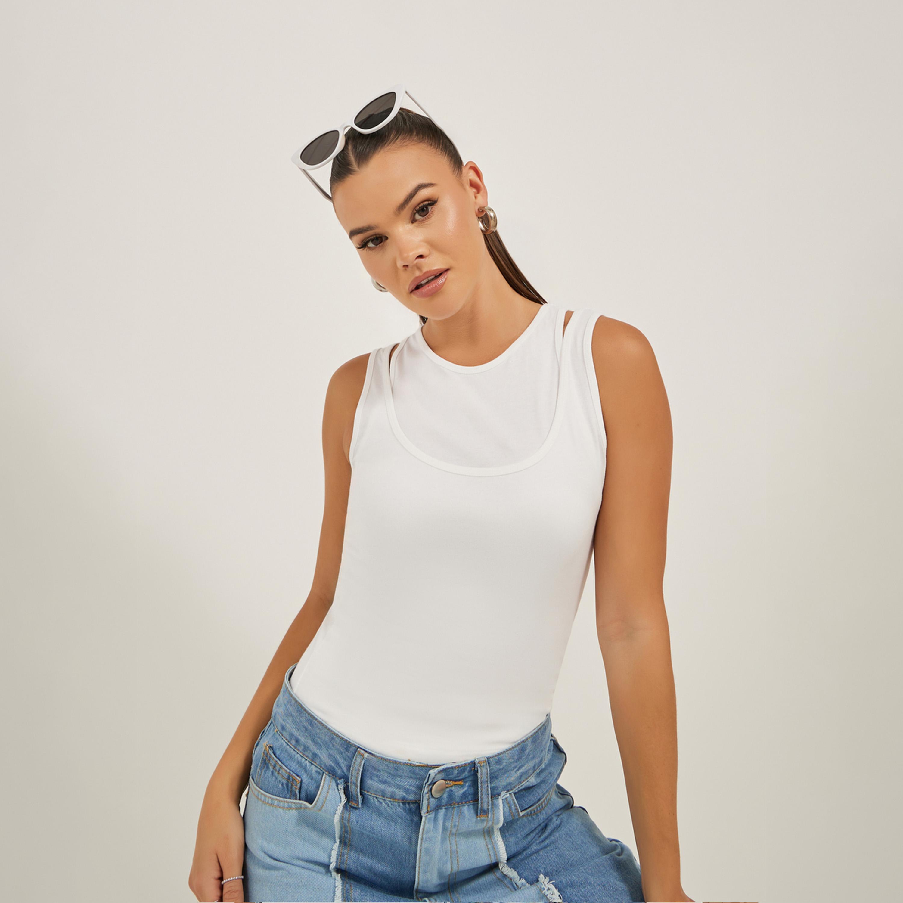 Styli Solid Layered Neck Fitted Tank T-Shirt-women-clothing-tshirts-image-1