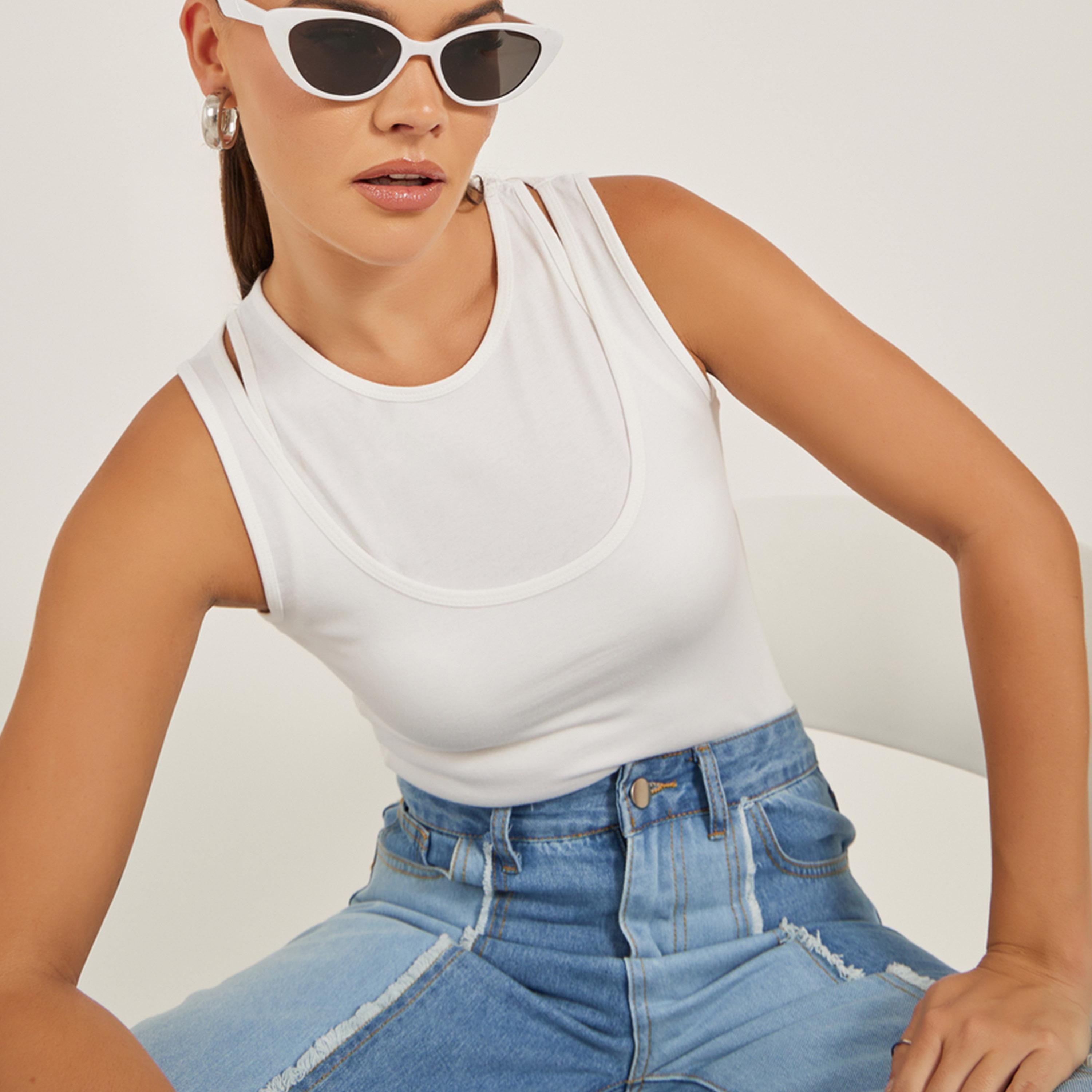 Styli Solid Layered Neck Fitted Tank T-Shirt-women-clothing-tshirts-image-3
