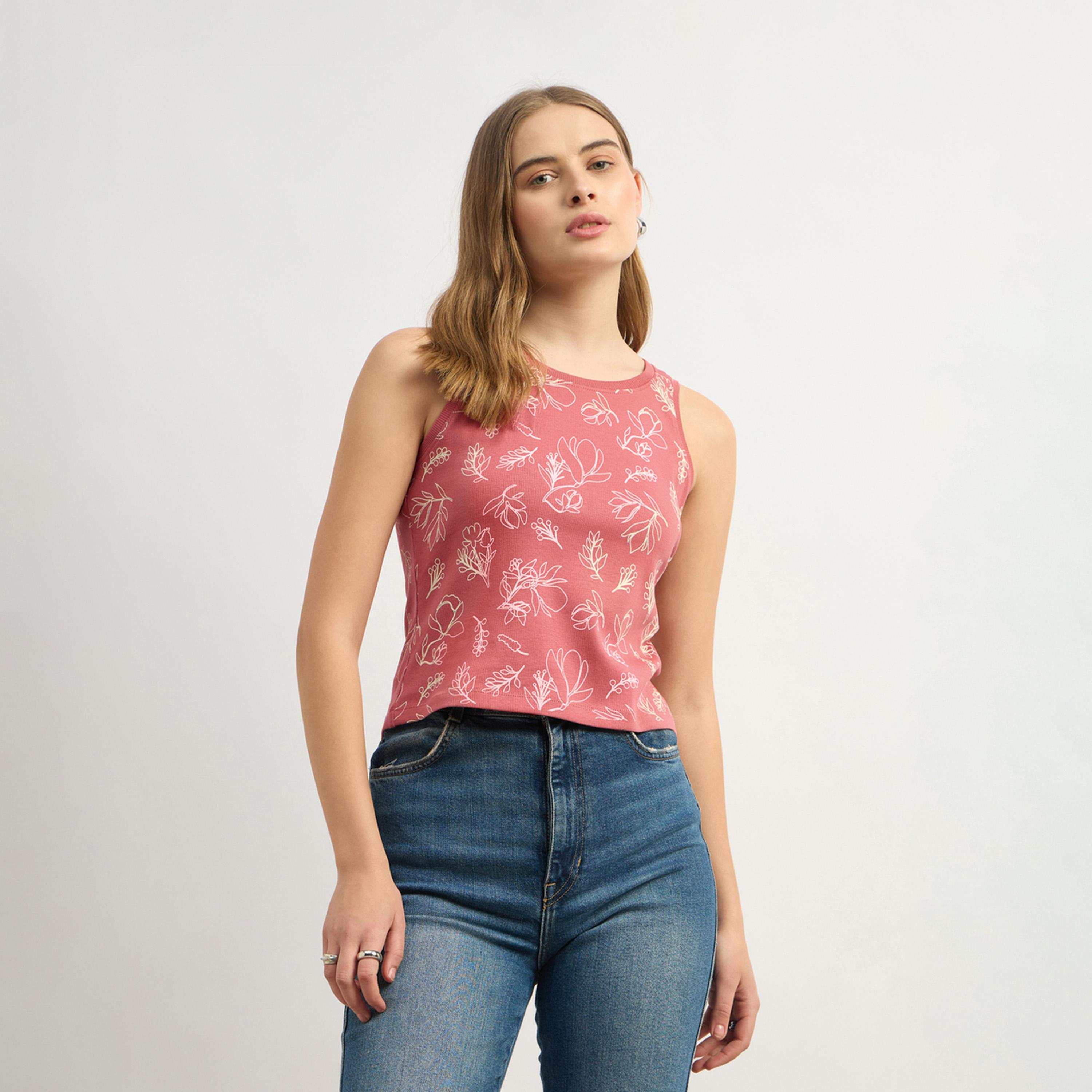 ستايلي - بلوزة بدون أكمام بطبعة زهور كاملة ورقبة دائرية-women-clothing-tshirts-image-2