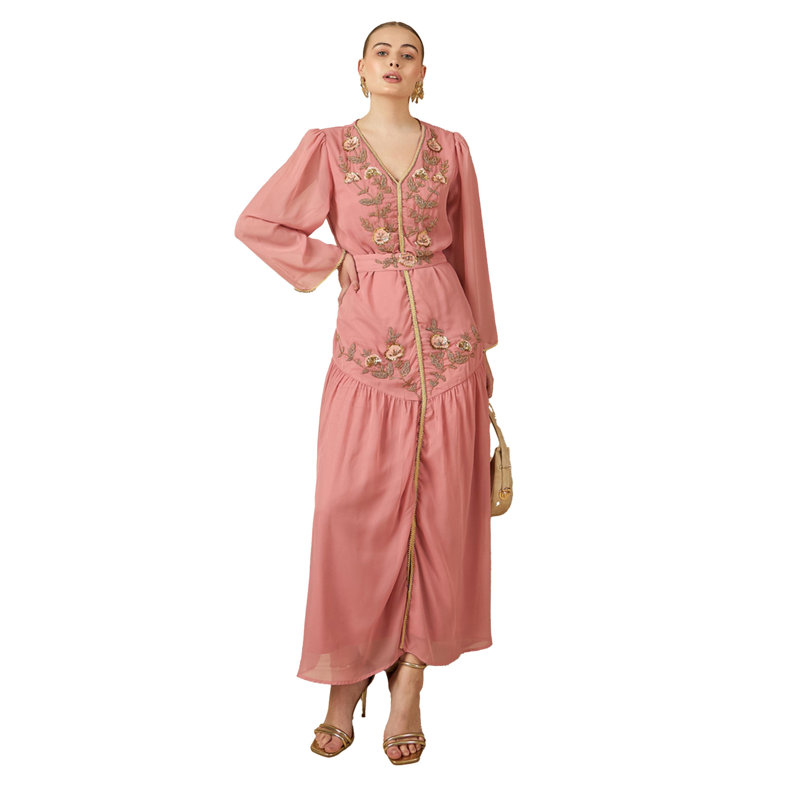 Amirah X Styli Embroidered Pleated V-Neck Kaftan with Belt-women-arabicclothing-kaftan-image-1