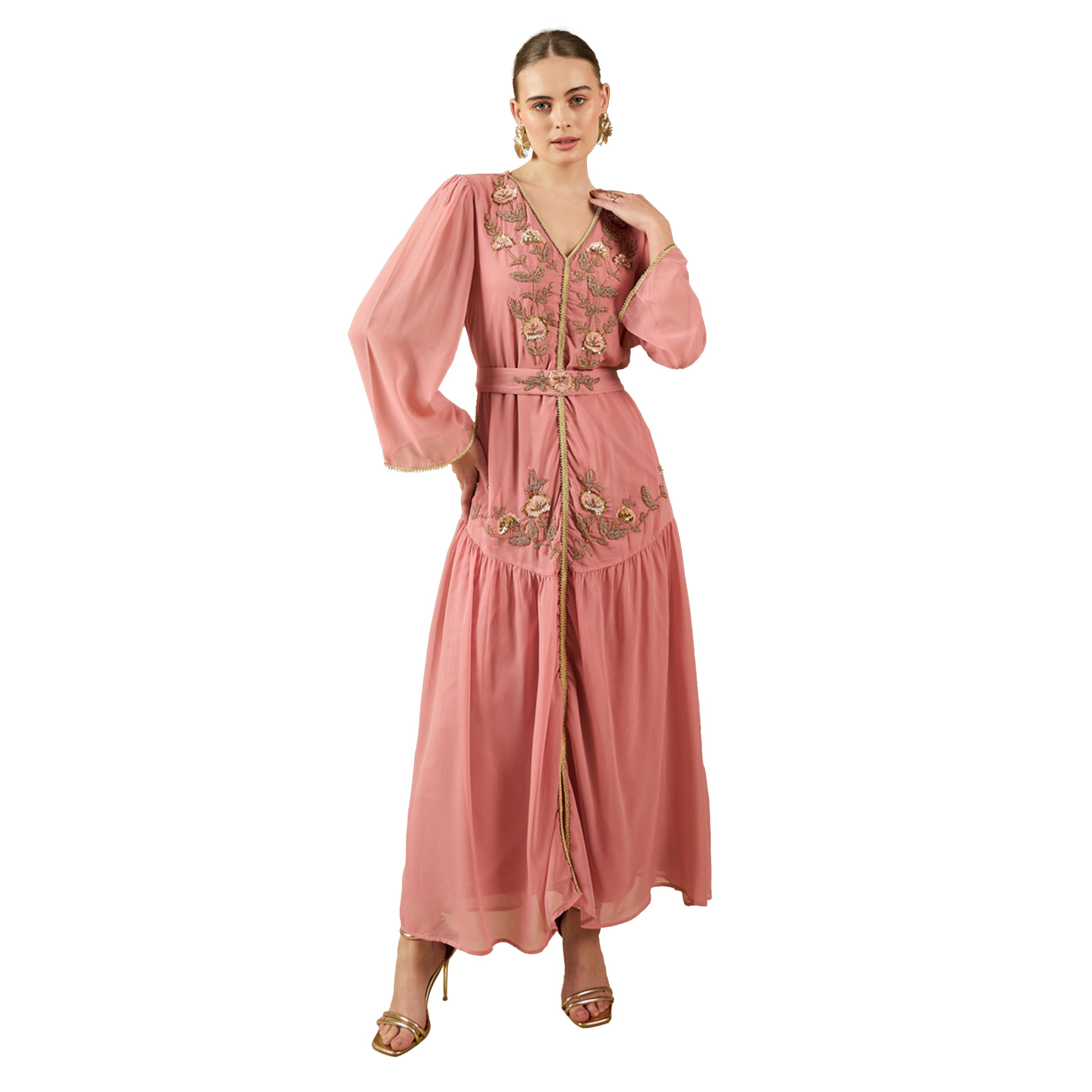 Amirah X Styli Embroidered Pleated V-Neck Kaftan with Belt-women-arabicclothing-kaftan-image-2