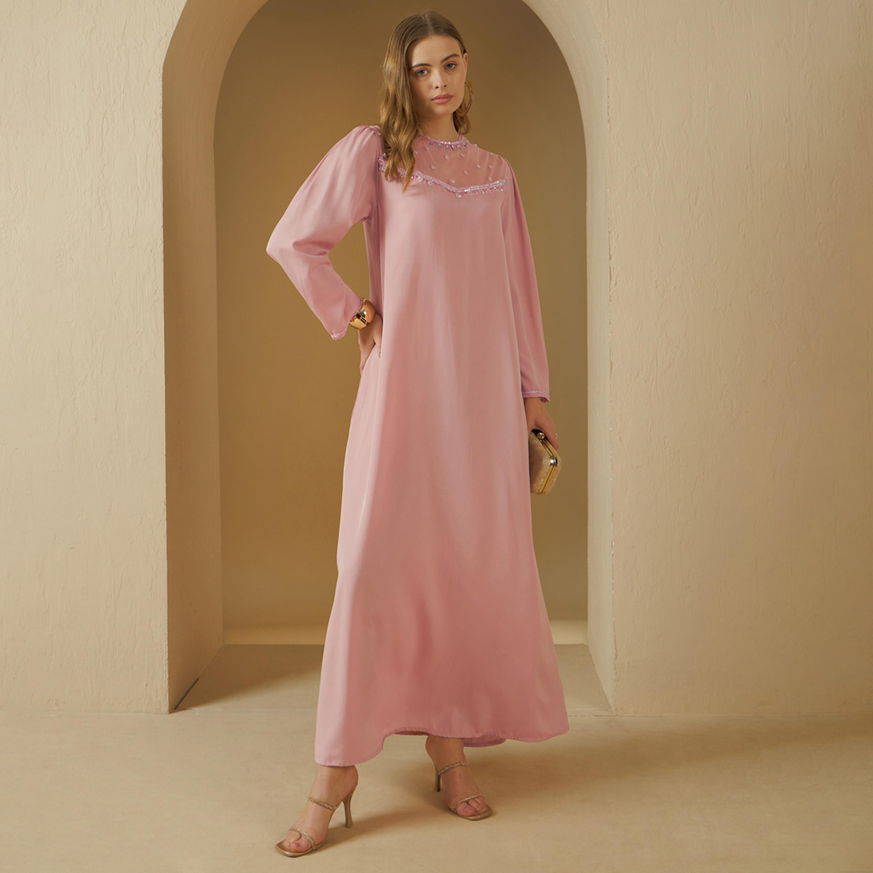 ستايلي - جلابية بقصة A مزينة بمع رقبة دائرية وأجزاء شبكية-women-arabicclothing-jalabiyas-image-1
