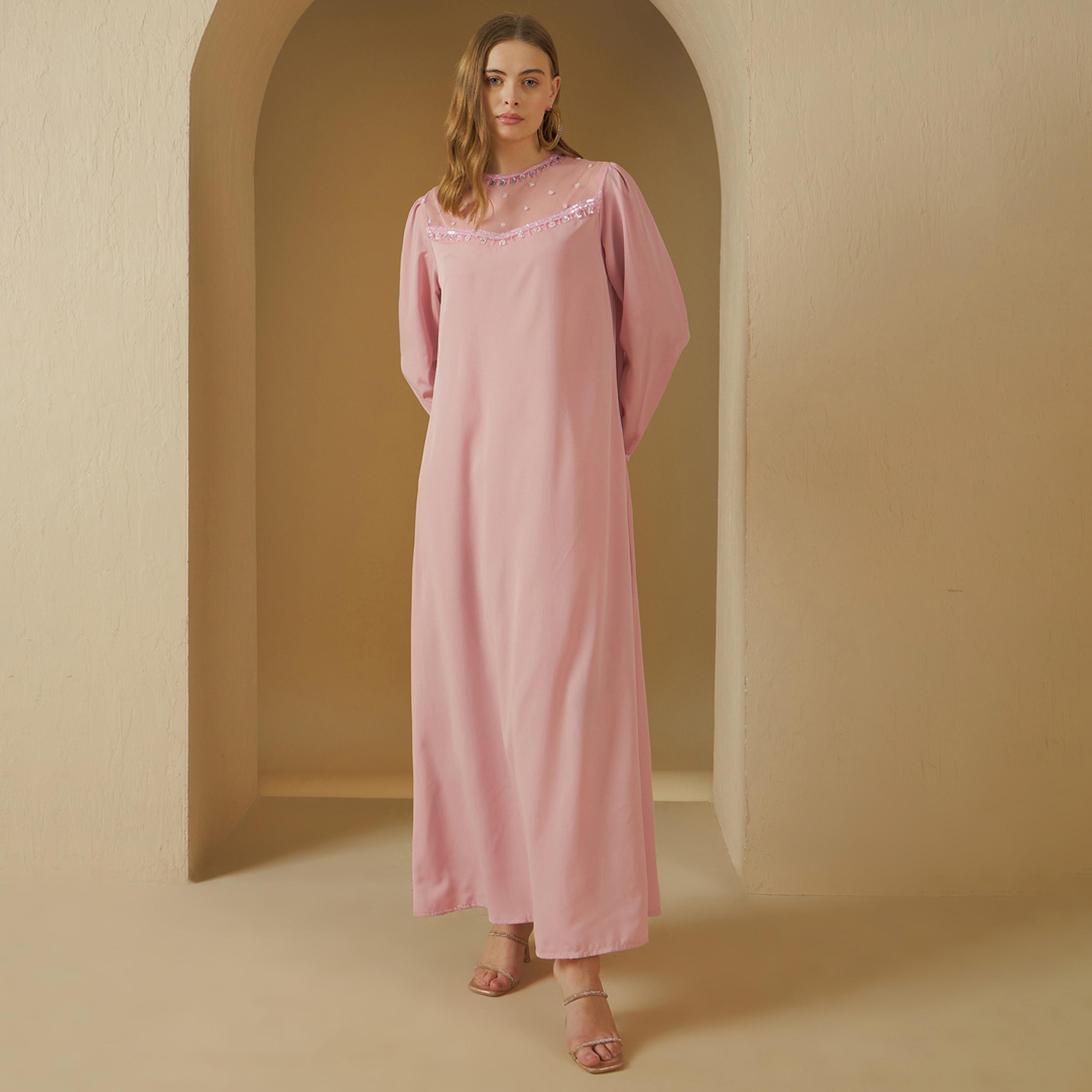 Styli Embellished Round Neck Mesh Insert A-Line Jalabiya-women-arabicclothing-jalabiyas-image-2