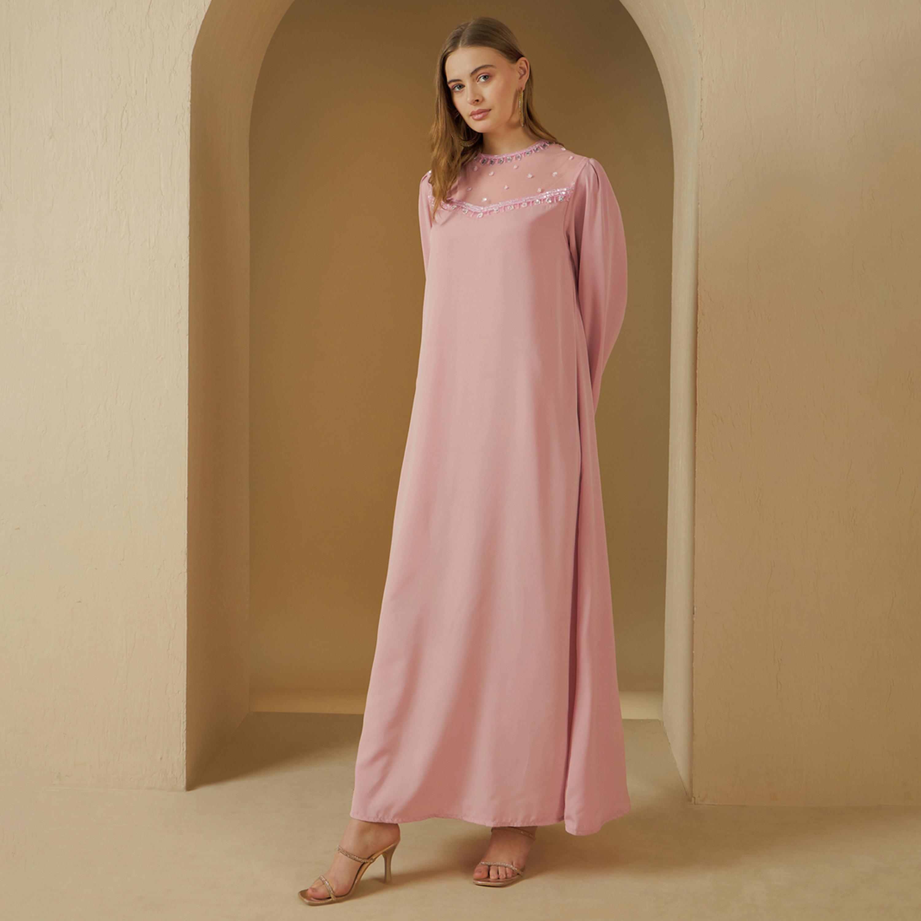 ستايلي - جلابية بقصة A مزينة بمع رقبة دائرية وأجزاء شبكية-women-arabicclothing-jalabiyas-image-3