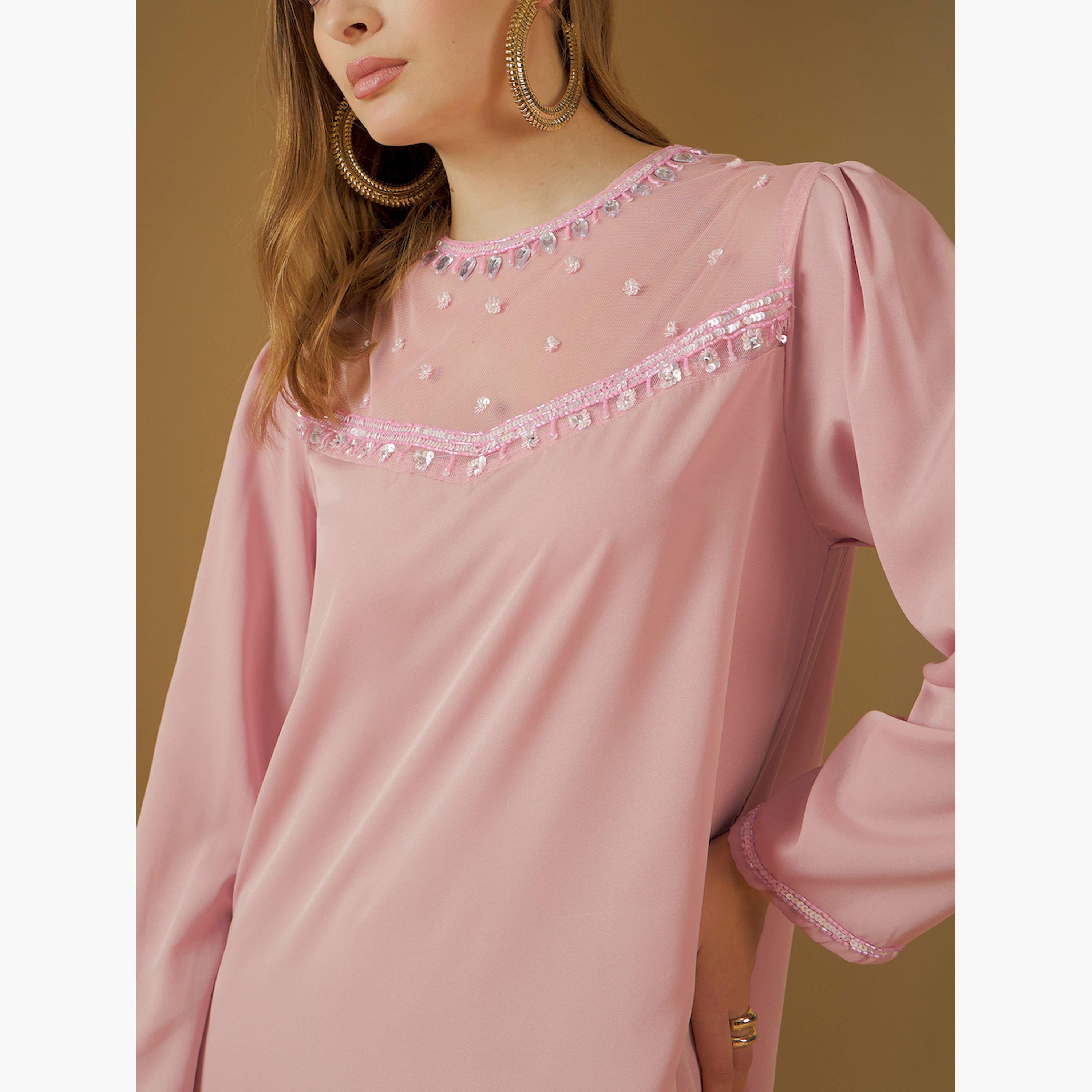 Styli Embellished Round Neck Mesh Insert A-Line Jalabiya-women-arabicclothing-jalabiyas-image-4