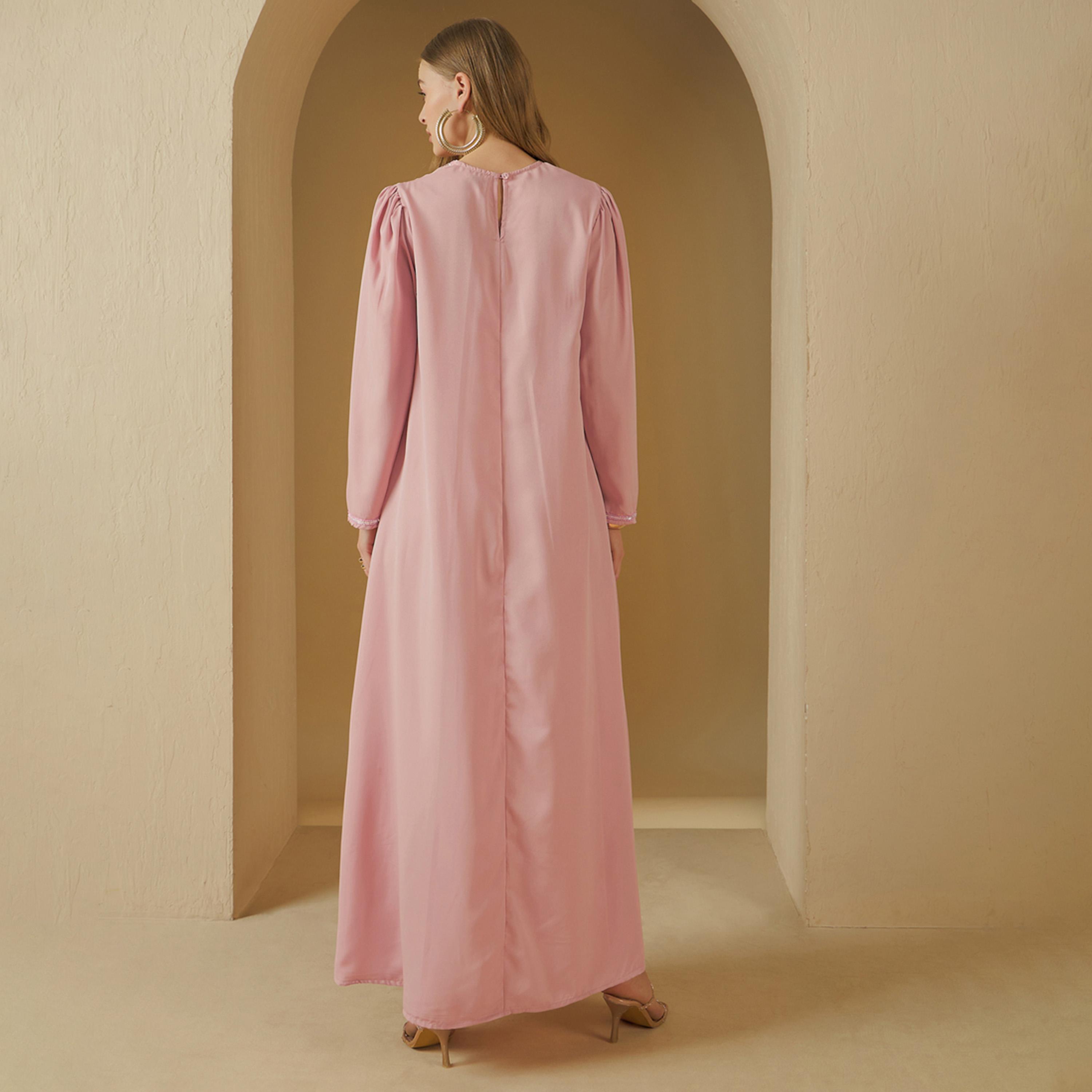 Styli Embellished Round Neck Mesh Insert A-Line Jalabiya-women-arabicclothing-jalabiyas-image-5