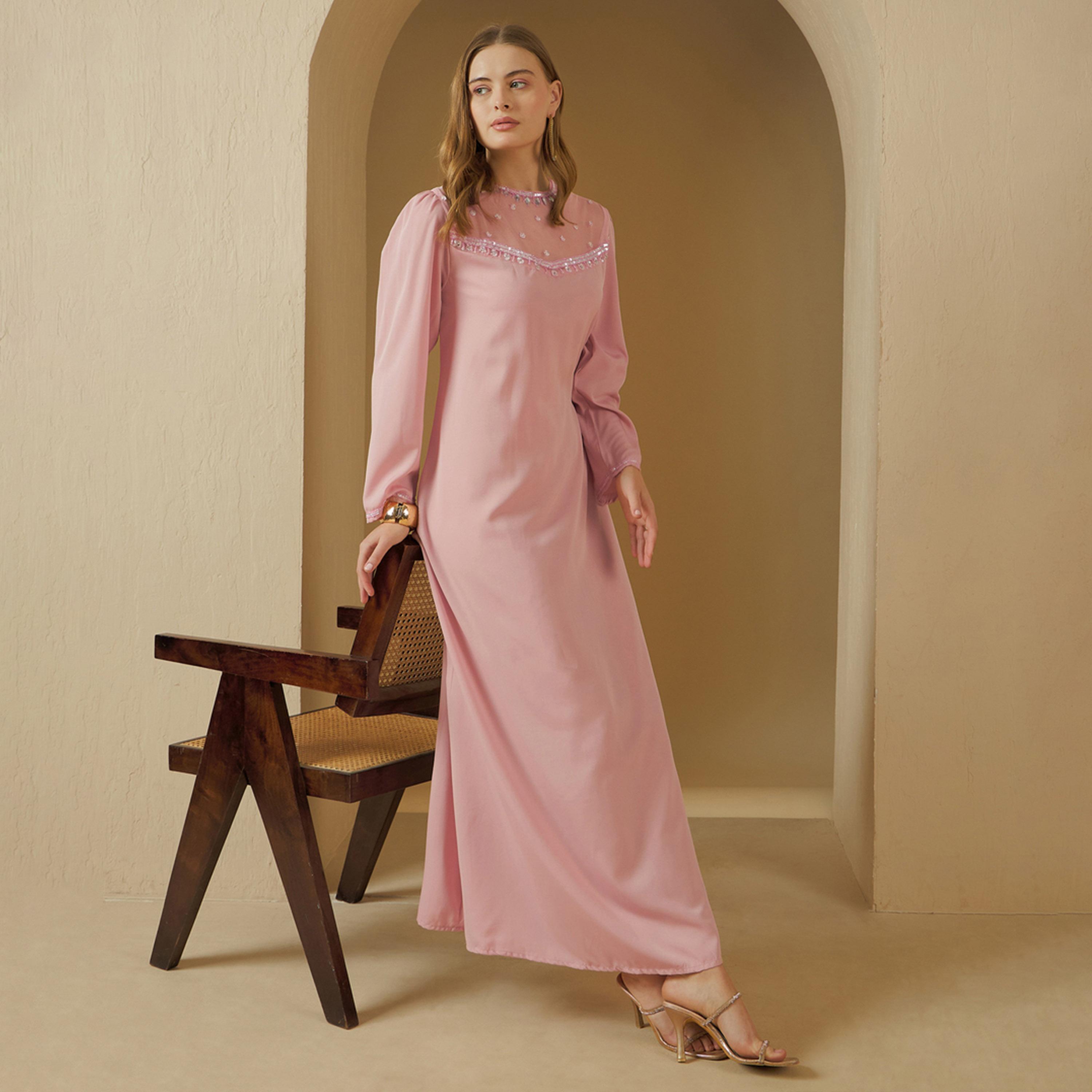 Styli Embellished Round Neck Mesh Insert A-Line Jalabiya-women-arabicclothing-jalabiyas-image-6