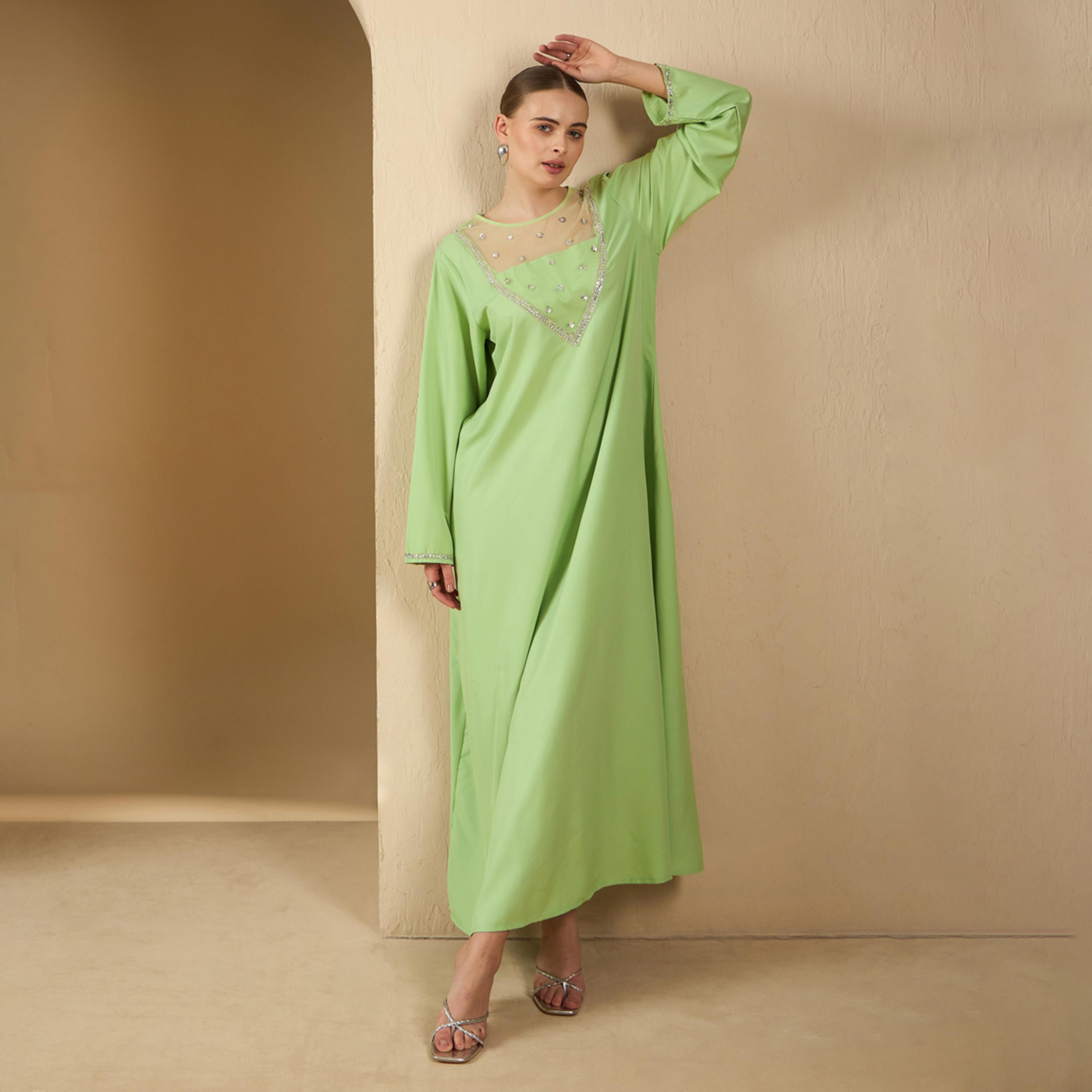 Amirah X Styli Embellished Mesh Insert Round Neck A-Line Jalabiya-women-arabicclothing-jalabiyas-image-1
