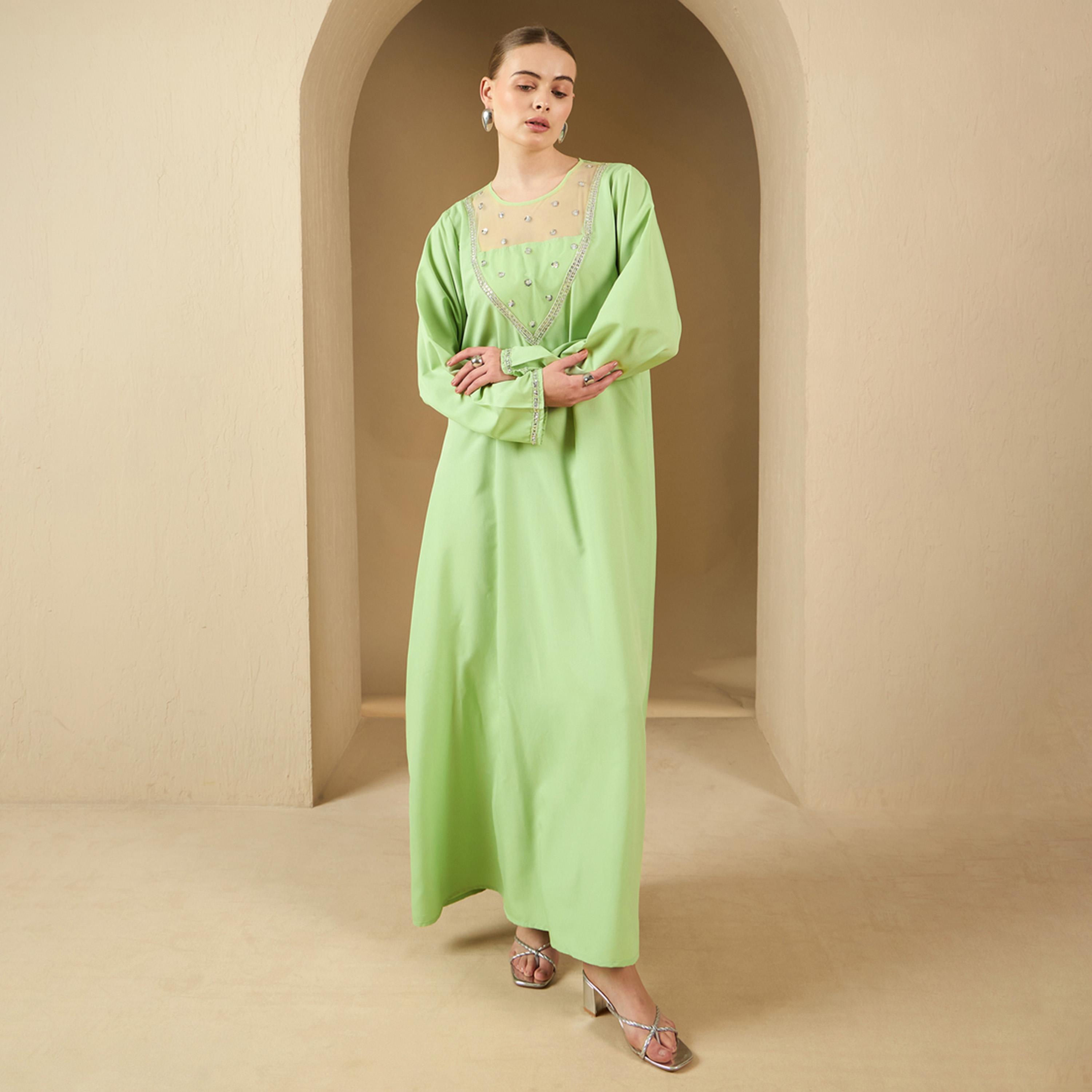 أميرة x ستايلي جلابية بتفاصيل شبكية وياقة دائرية-women-arabicclothing-jalabiyas-image-2