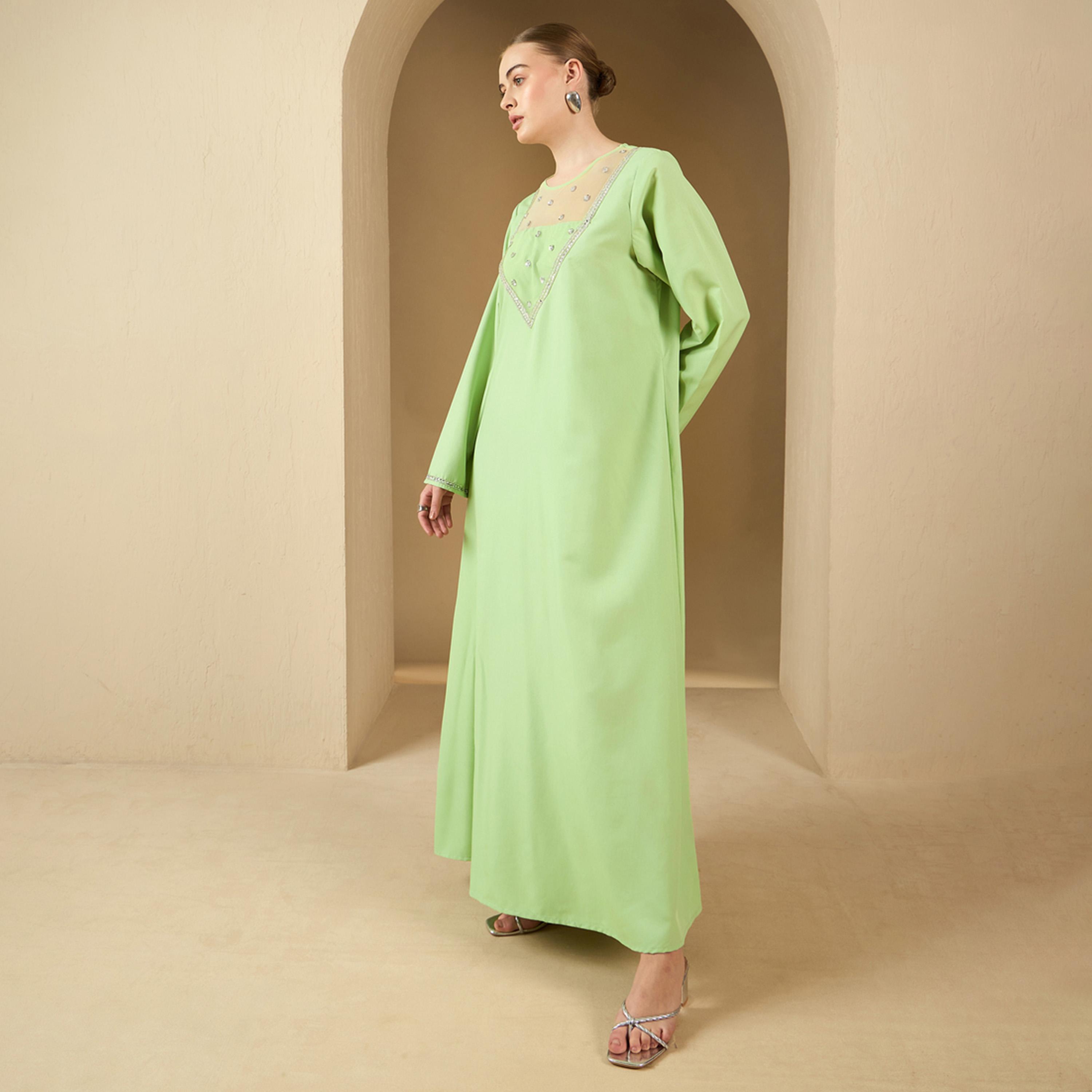 Amirah X Styli Embellished Mesh Insert Round Neck A-Line Jalabiya-women-arabicclothing-jalabiyas-image-3