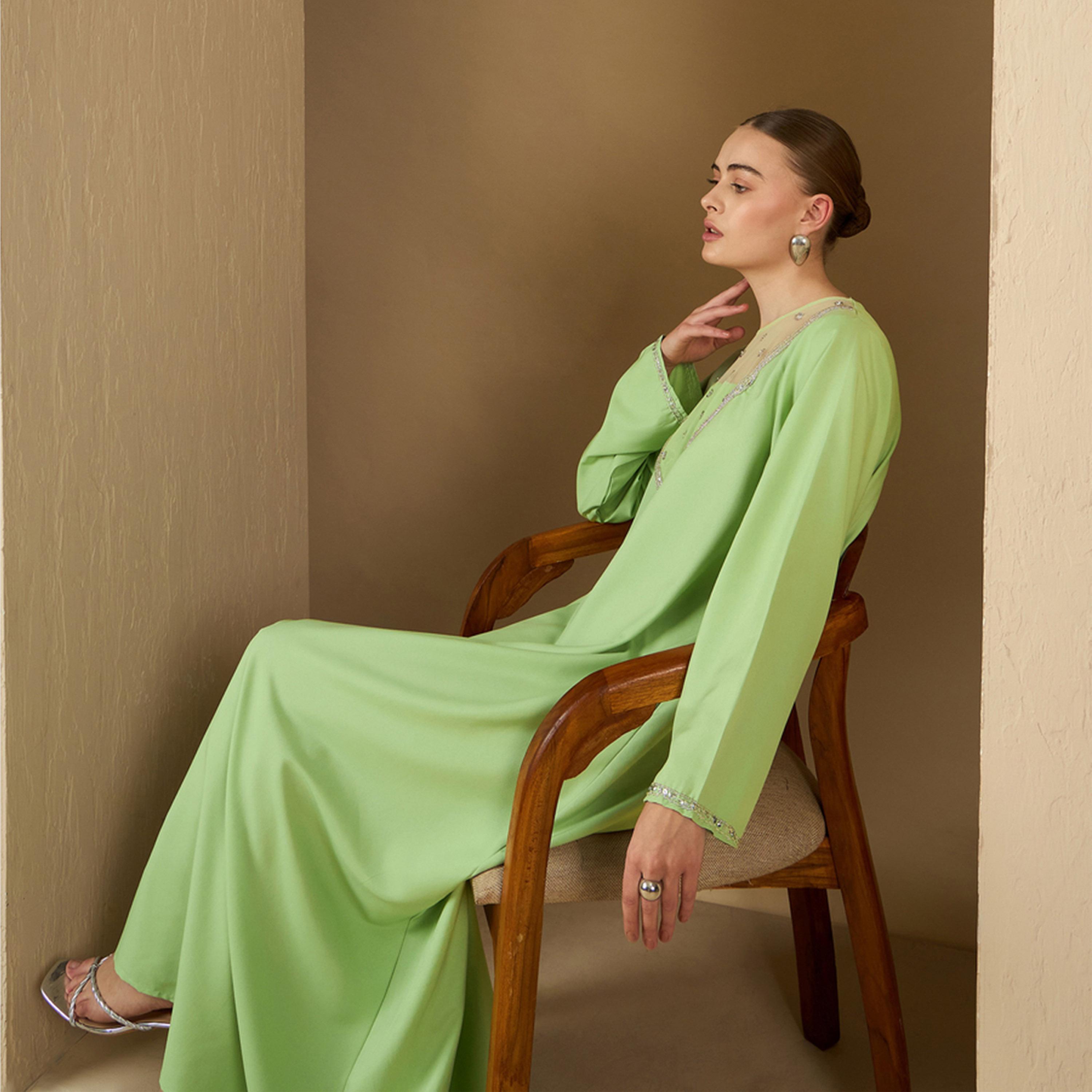 Amirah X Styli Embellished Mesh Insert Round Neck A-Line Jalabiya-women-arabicclothing-jalabiyas-image-6