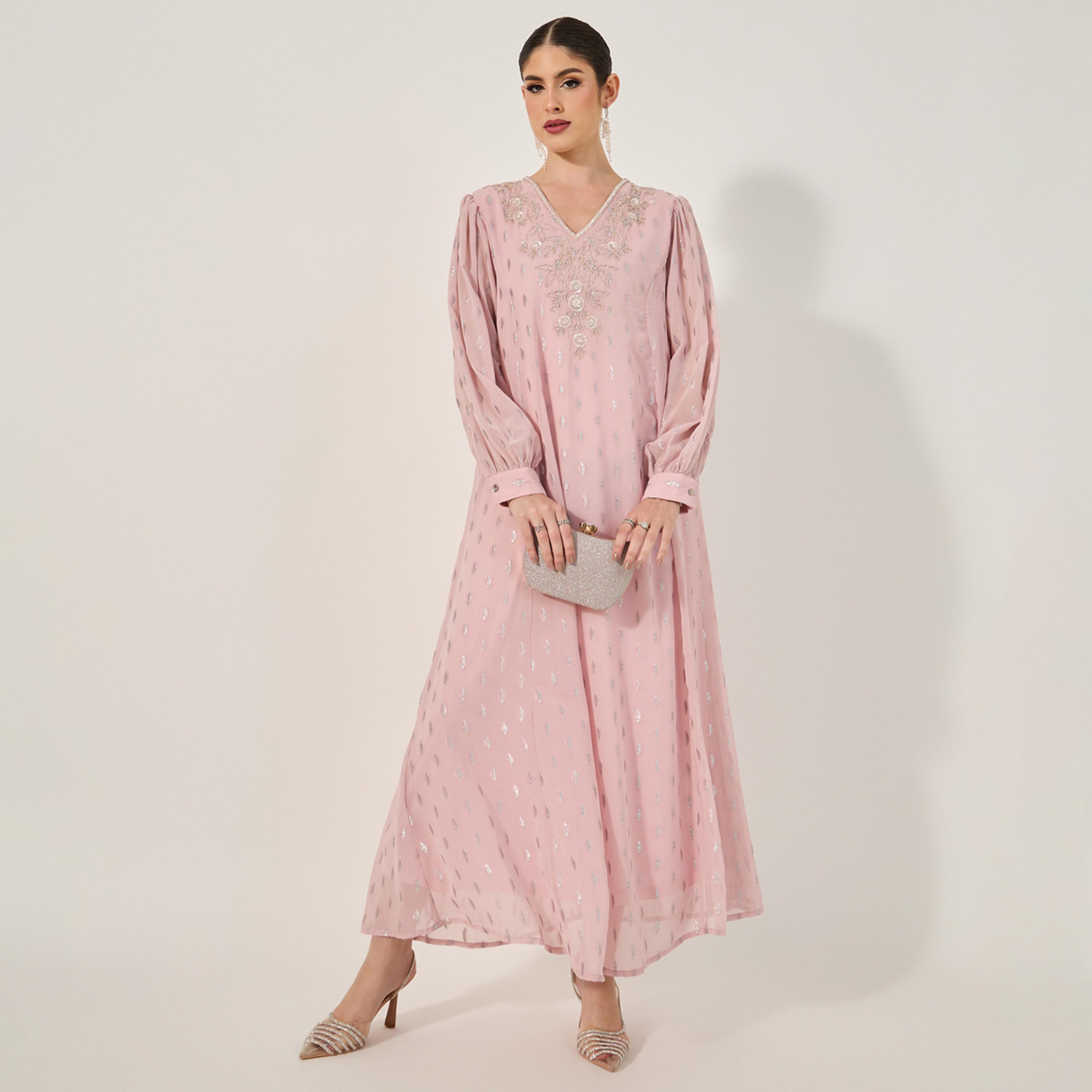 Styli Dobby Balloon Sleeve V-Neck A-Line Maxi Dress-women-arabicclothing-jalabiyas-image-1