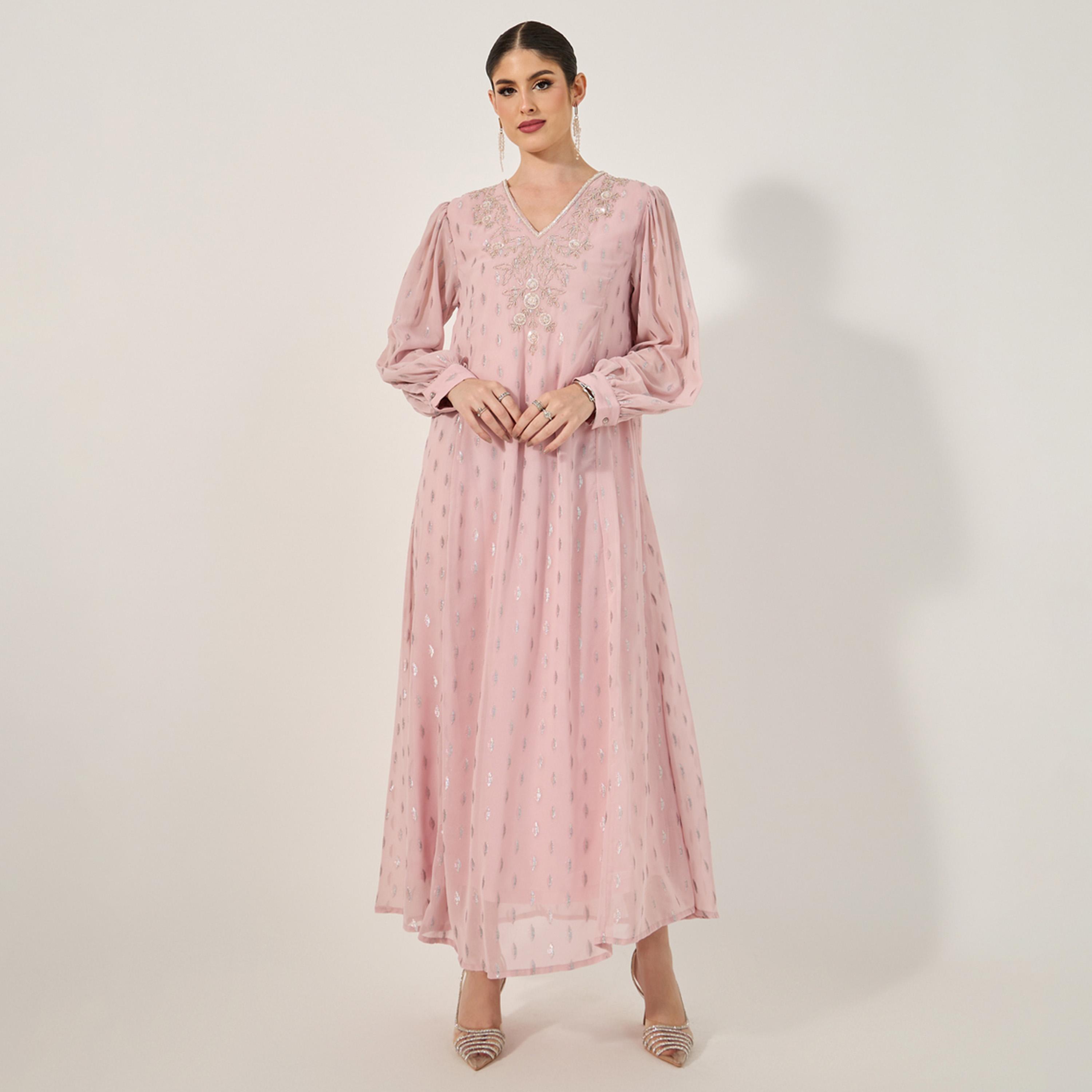 ستايلي - فستان ماكسي دوبي بأكمام منفوخة وفتحة رقبة V وقصّة A-women-arabicclothing-jalabiyas-image-2