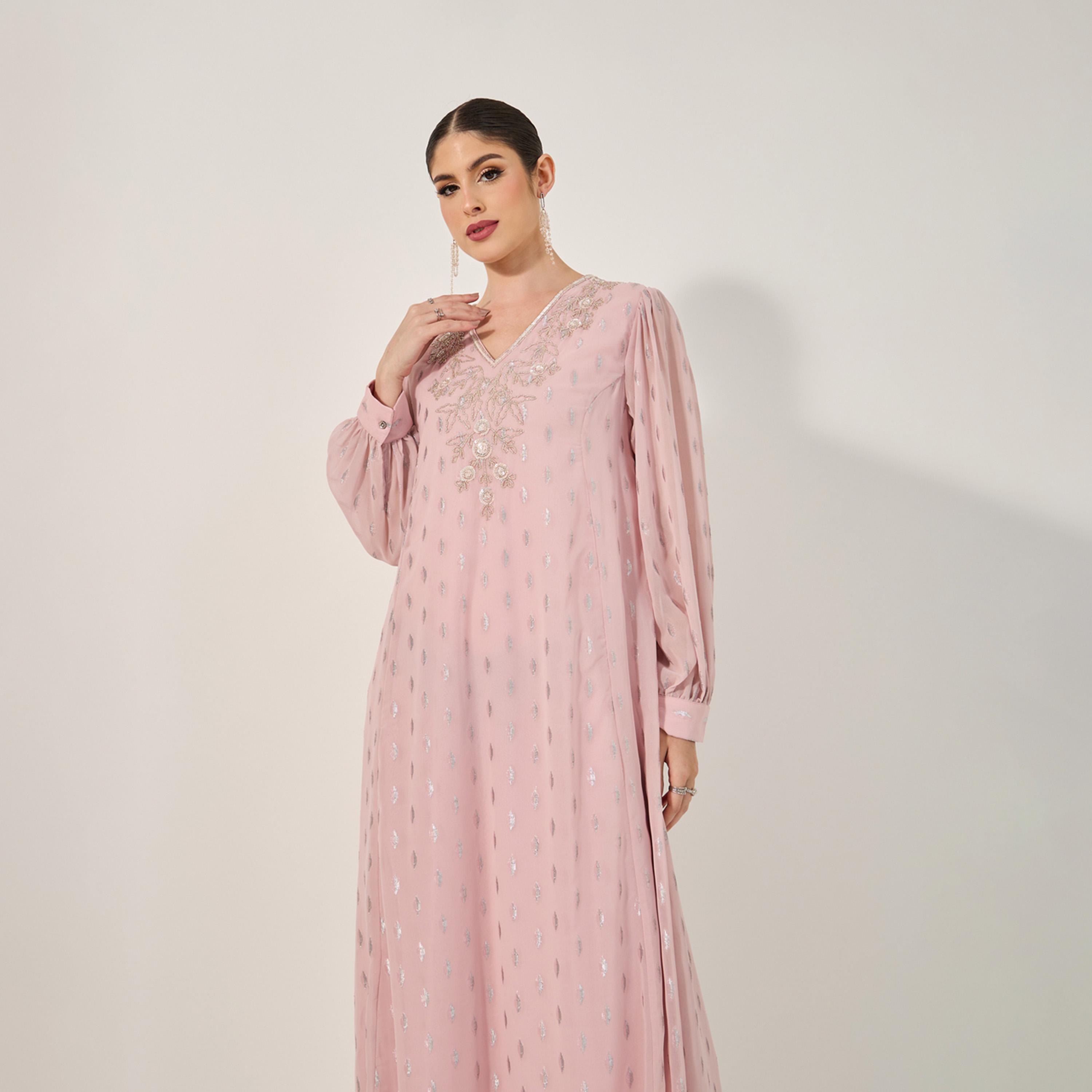 Styli Dobby Balloon Sleeve V-Neck A-Line Maxi Dress-women-arabicclothing-jalabiyas-image-3