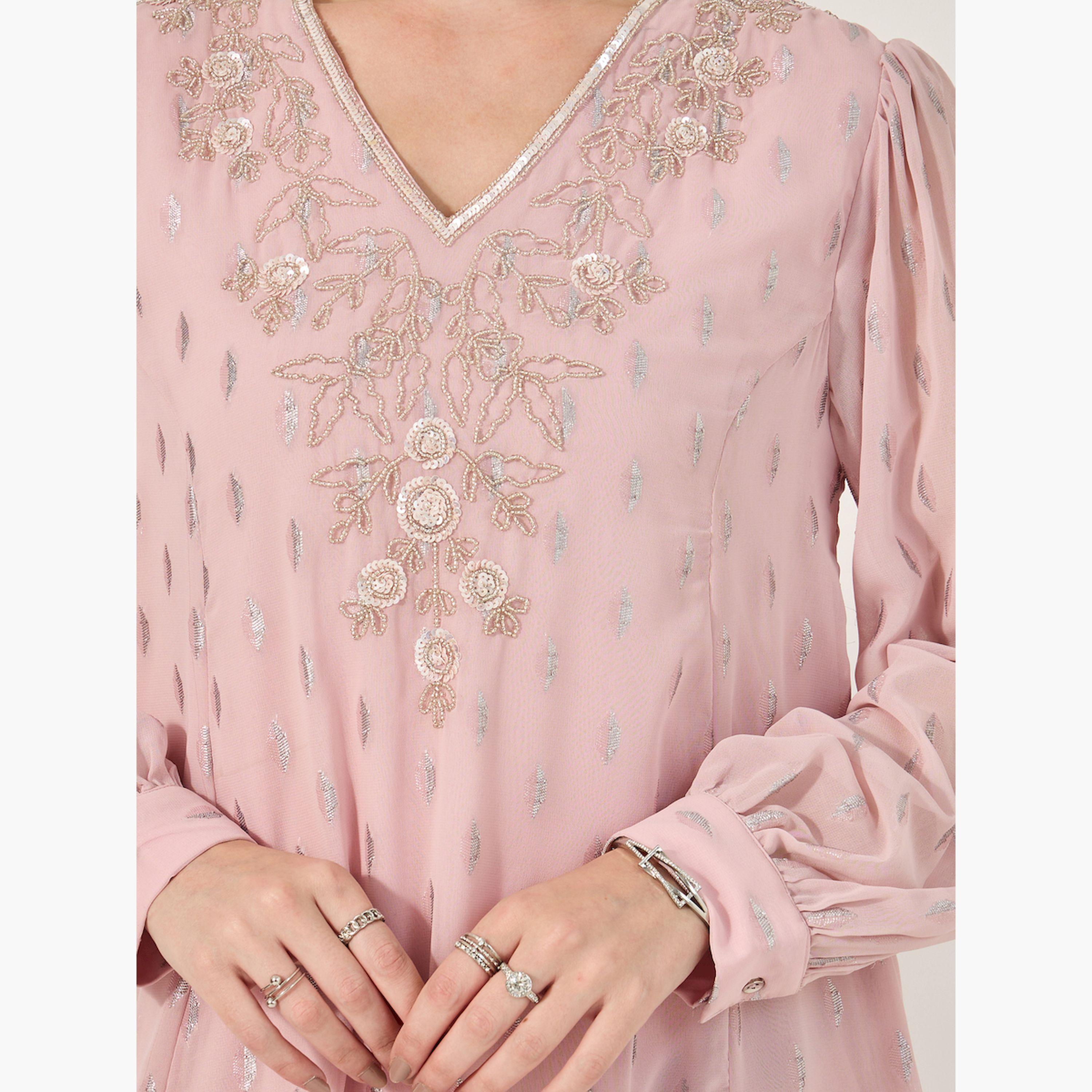 ستايلي - فستان ماكسي دوبي بأكمام منفوخة وفتحة رقبة V وقصّة A-women-arabicclothing-jalabiyas-image-4
