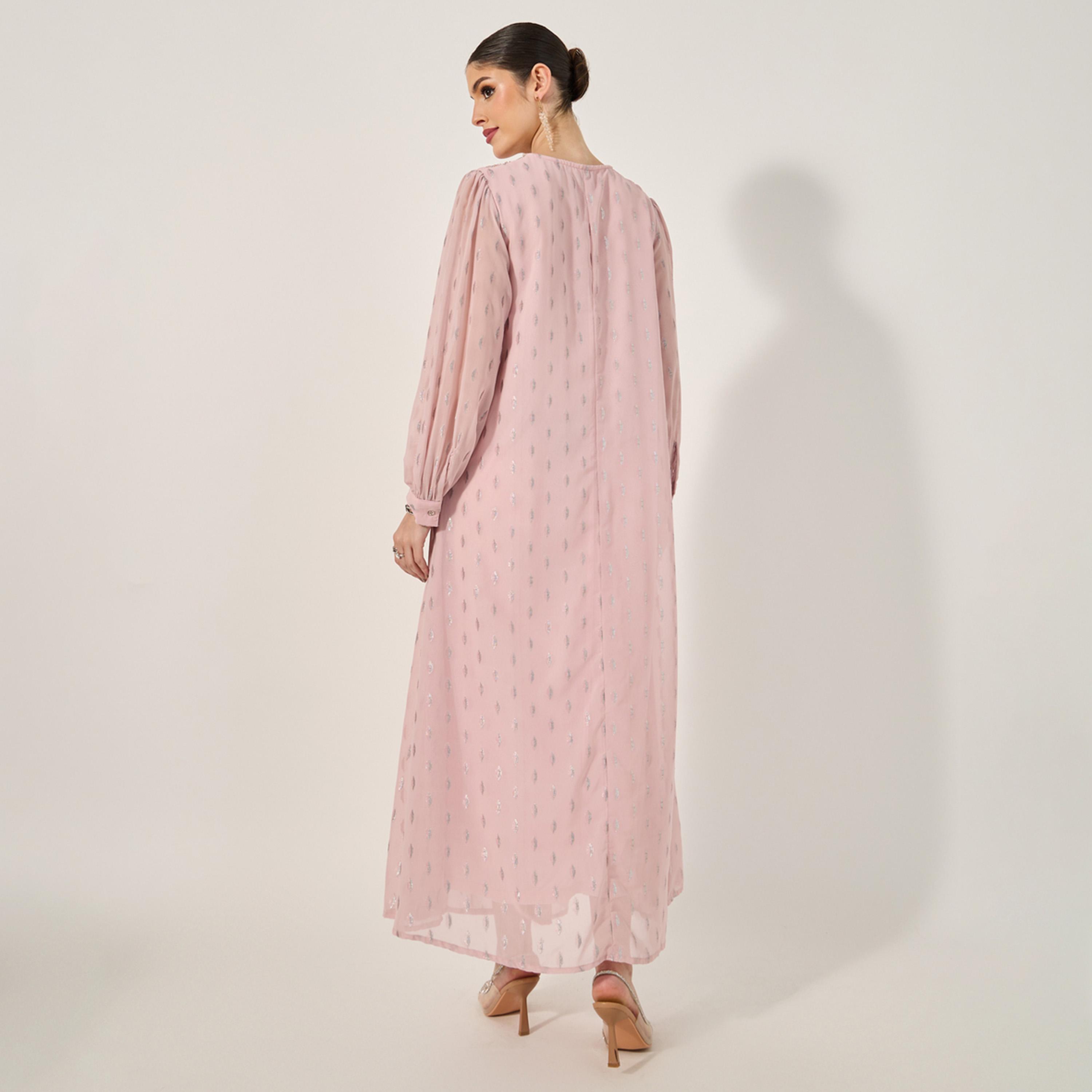 Styli Dobby Balloon Sleeve V-Neck A-Line Maxi Dress-women-arabicclothing-jalabiyas-image-5
