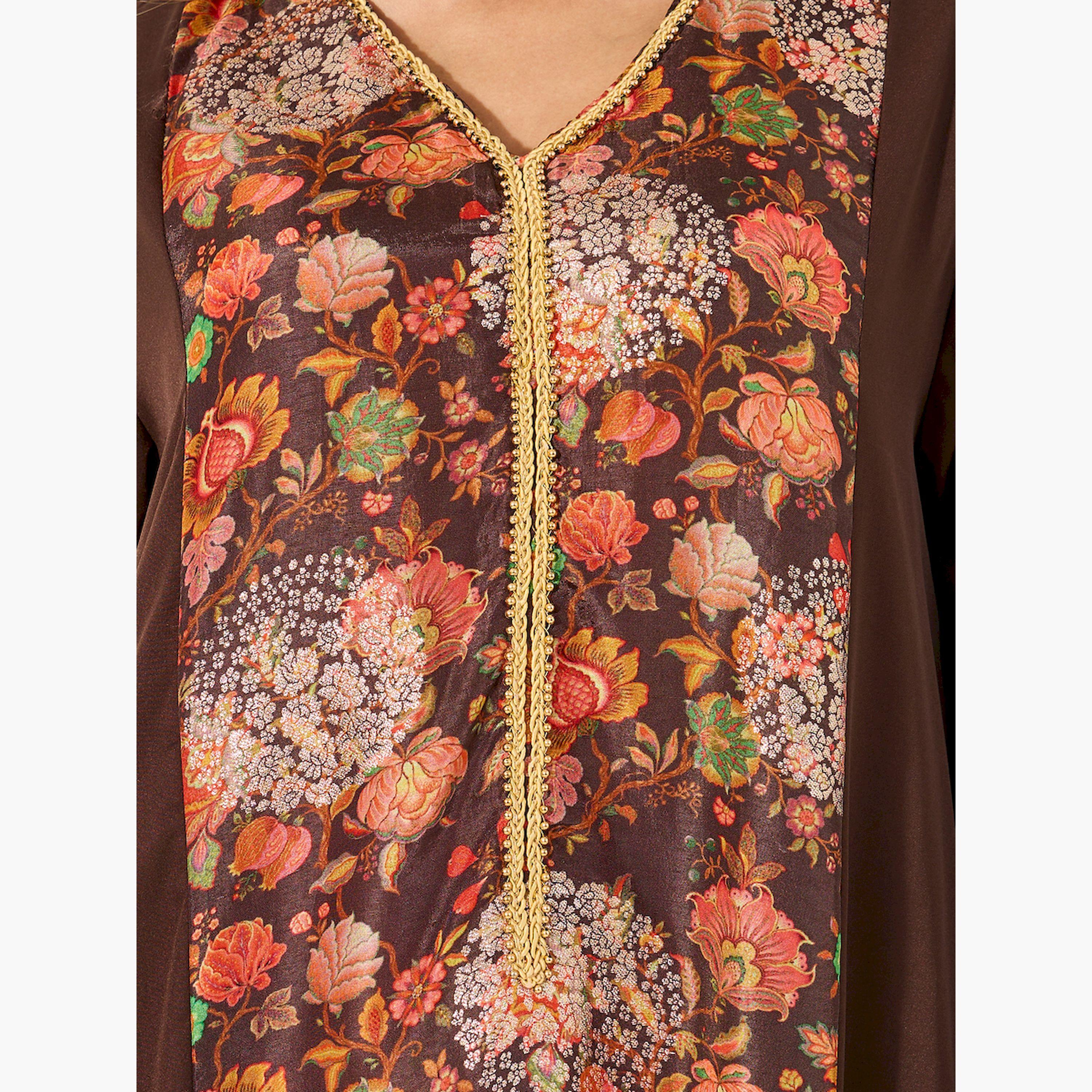 Amirah X Styli Floral Printed Panel A-Line Jalabyia-women-arabicclothing-jalabiyas-image-4