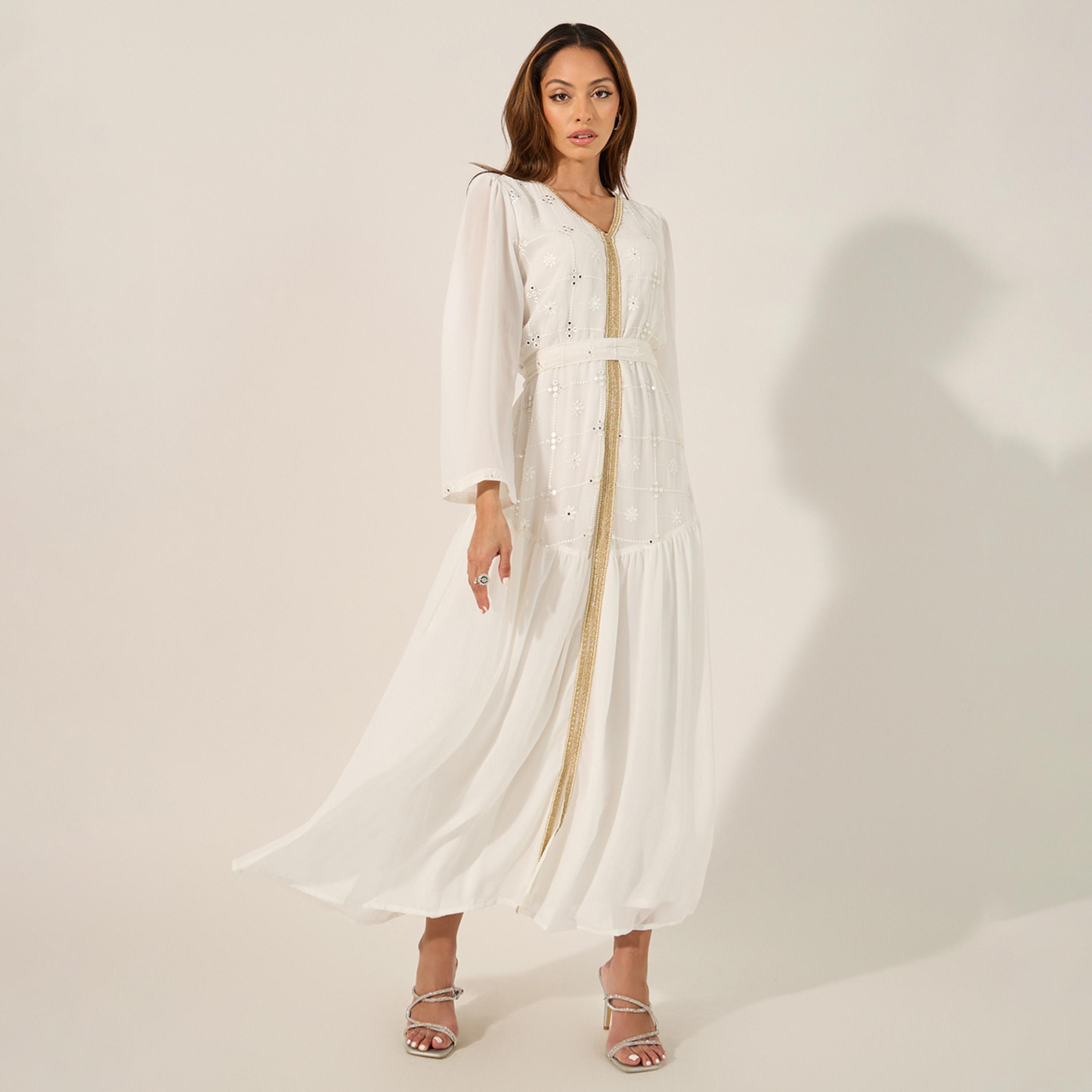 Amirah X Styli Schiffli Lace Insert V-Neck Gathered Detail Kaftan-women-arabicclothing-kaftan-image-1