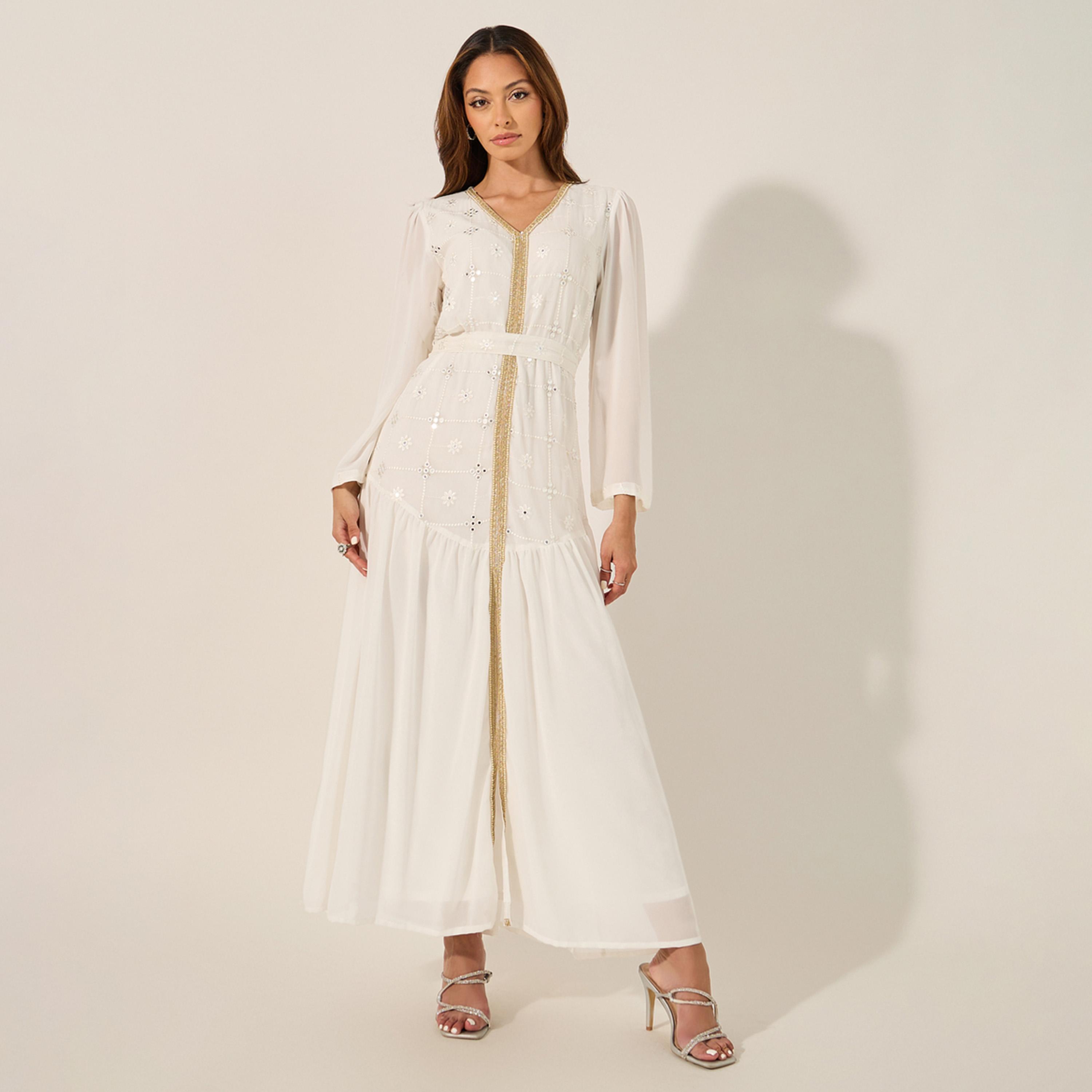 Amirah X Styli Schiffli Lace Insert V-Neck Gathered Detail Kaftan-women-arabicclothing-kaftan-image-2