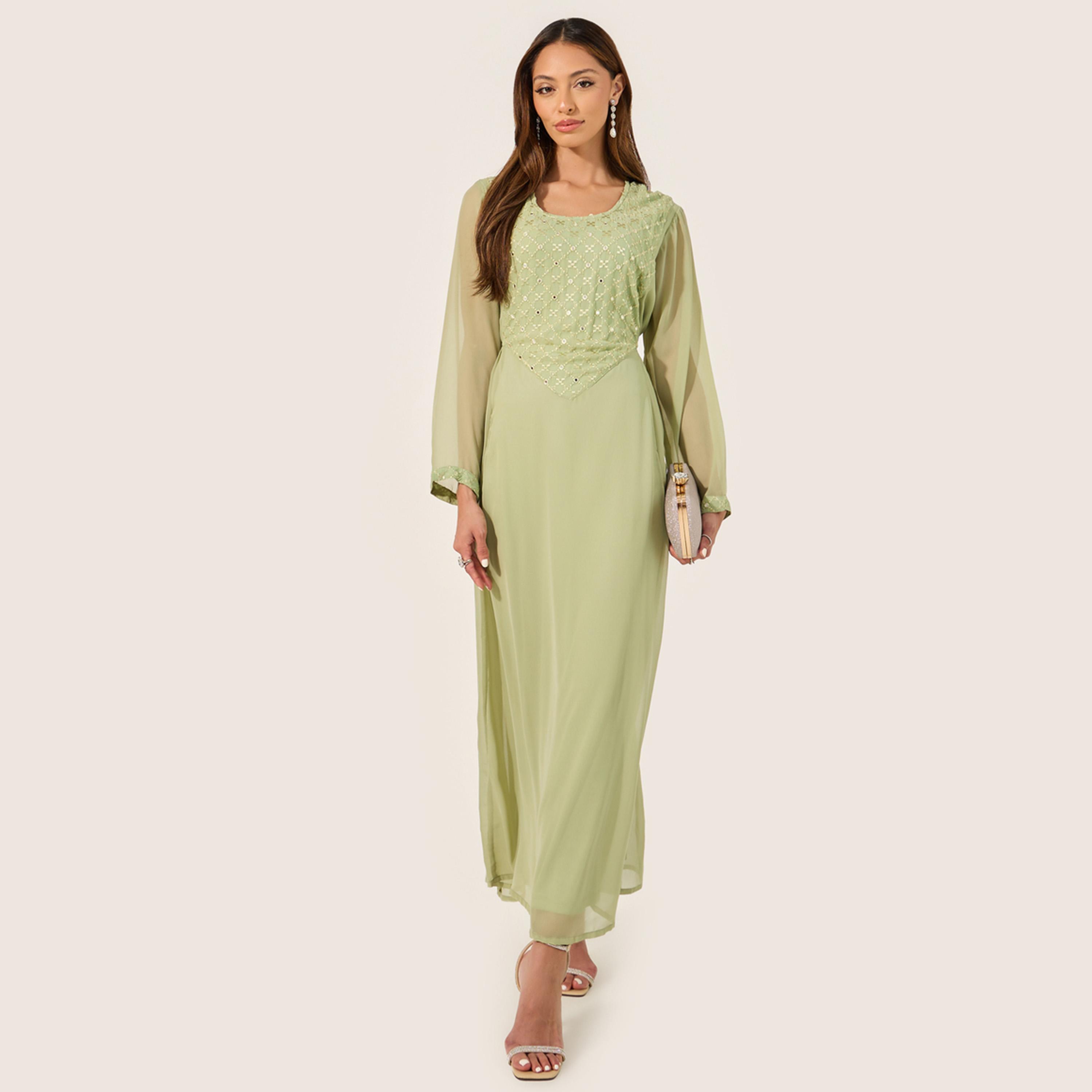 Amirah X Styli Embellished Square Neck A-Line Jalabiya-women-arabicclothing-jalabiyas-image-2