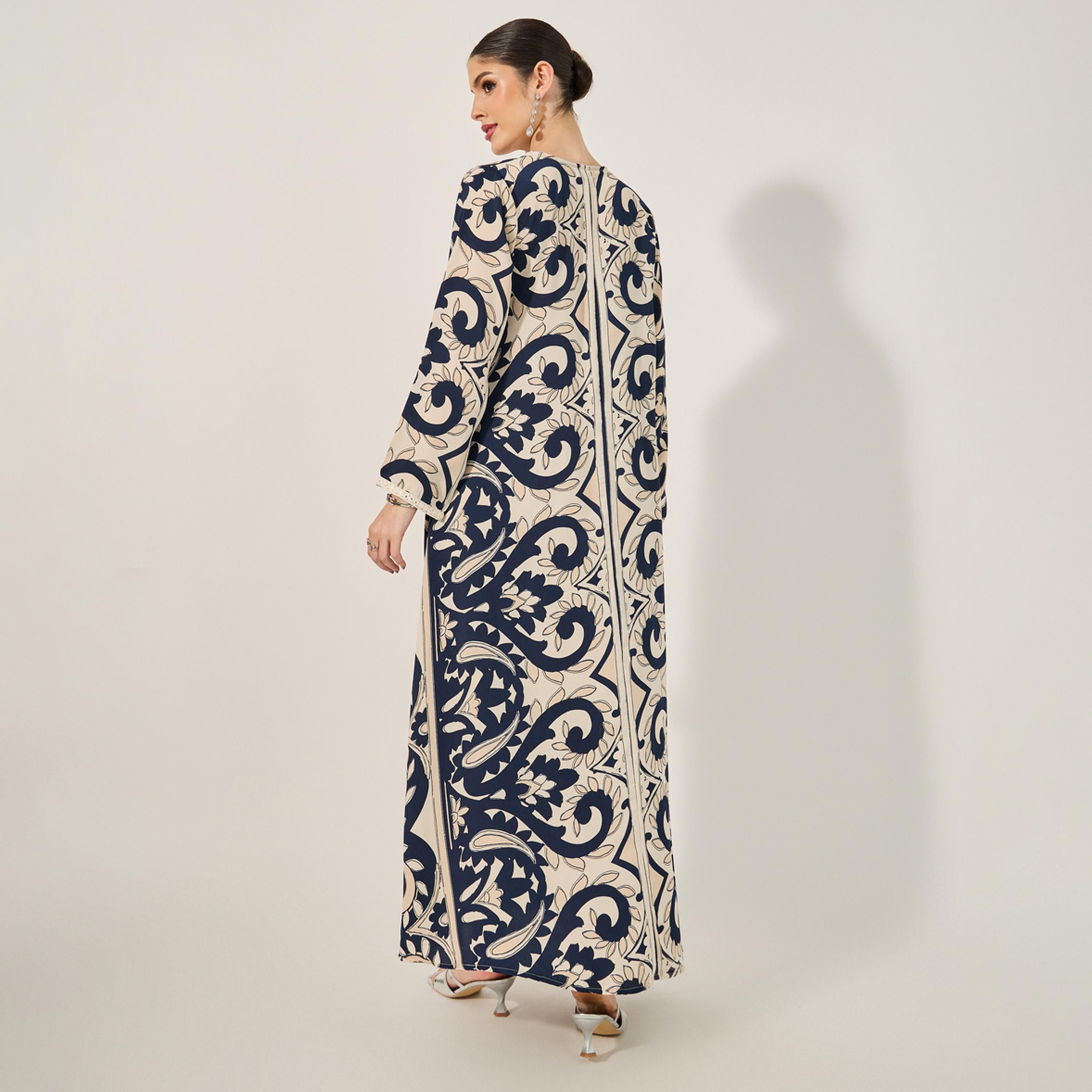 Amirah X Styli All-Over Print Embroidered V-Neck A-Line Jalabiya-women-arabicclothing-jalabiyas-image-5